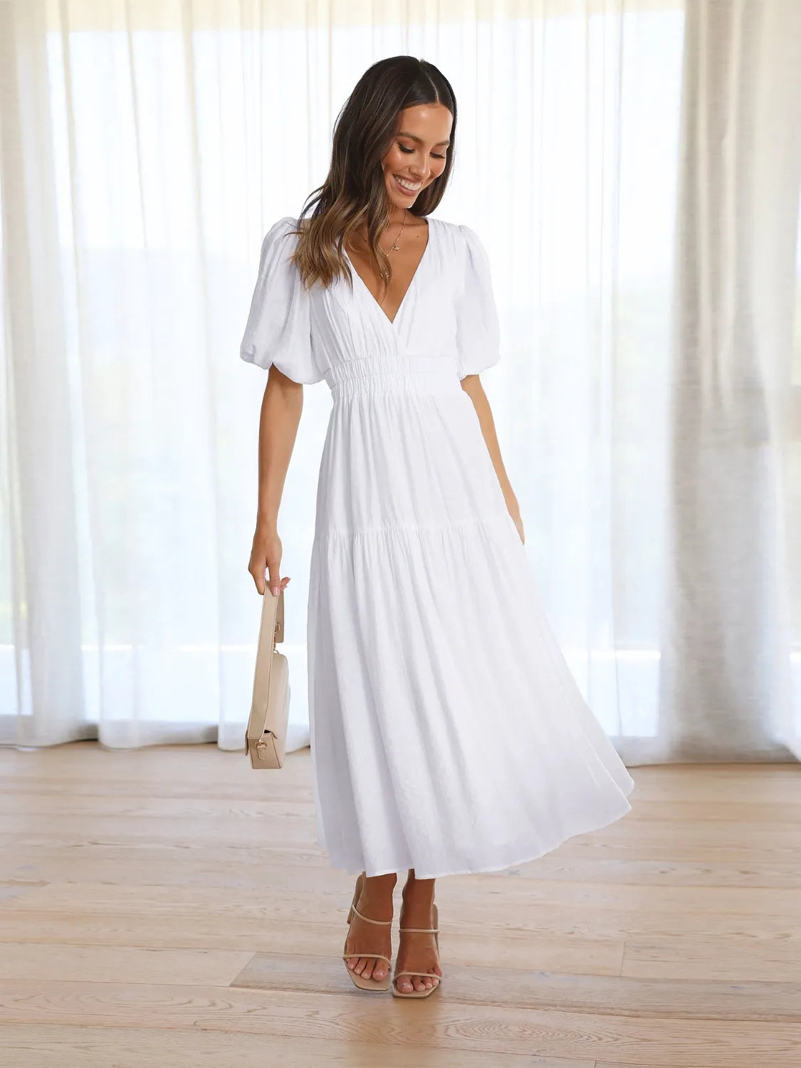 Elegant Surplice Neckline Half Puff Sleeve Midi Dress for Women | Flowy Summer Dress for Beach, Wedding & Cocktail Parties