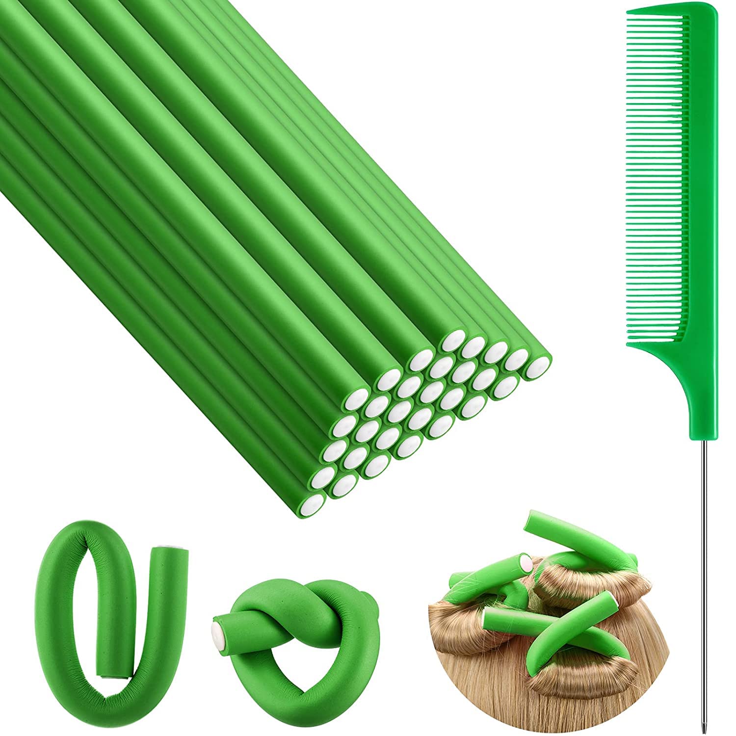 SIYAA 20 Pack Flexible Curling Rods - No Heat Soft Foam Hair Rollers & Twist Curlers with Steel Pintail Comb - Hair Styling Tools for Women & Girls (Green) - Perfect for Home Salon, DIY Hairstyles & Professional Styling