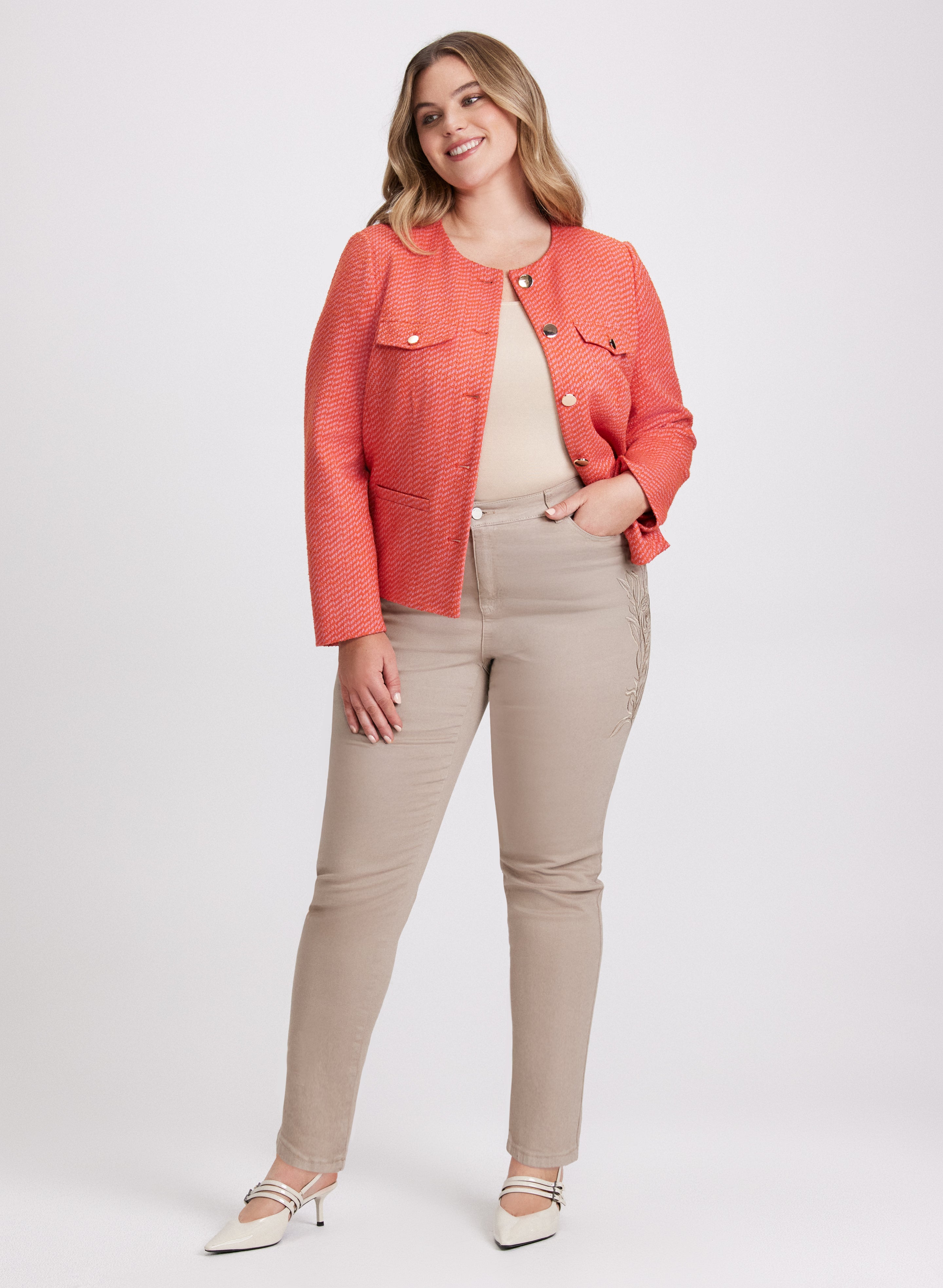 Stylish Collarless Bouclé Jacket & Embroidered Straight Leg Jeans Set for Women | Trendy Casual Outfit for Work, Date Night & Fall Fashion
