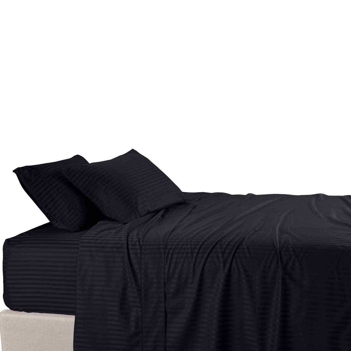 600 Thread Count 100% Cotton Twin XL 3-Piece Sheet Set - Damask Striped Black - Soft & Breathable for Dorm Beds, Guest Rooms & Extra Long Mattresses