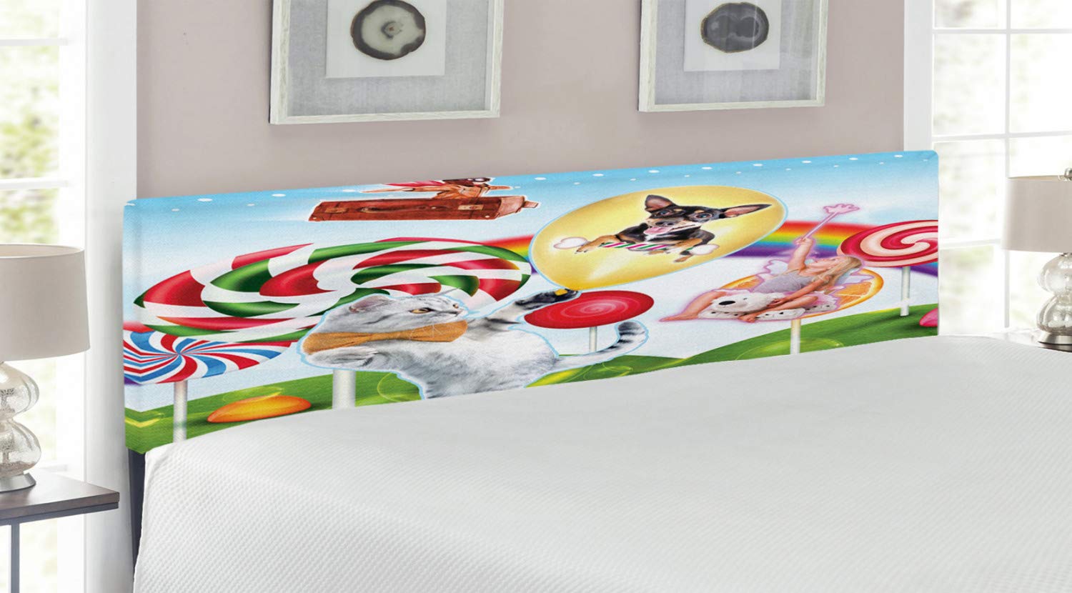Ambesonne Upholstered Animal Headboard - Colorful Fantasy Land Rainbow Candy Trees Design, King Size Decorative Metal Bed Headboard with Memory Foam for Cat, Dog, Girl & Boy Room Decor | Perfect for Kids' Bedrooms, Nursery & Fantasy-Themed Spaces