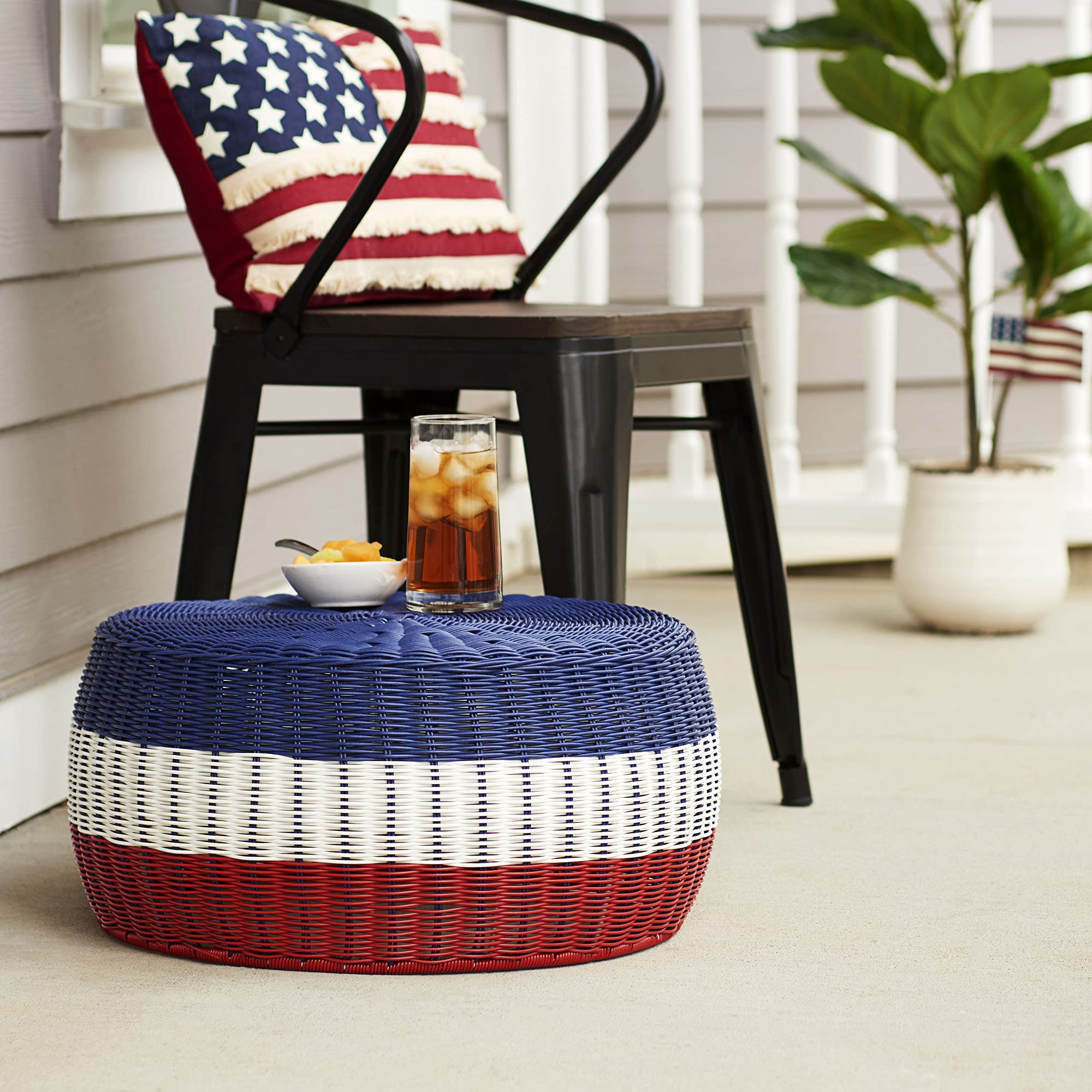 Handwoven Resin Ottoman Table - Blue, White & Red Storage Bench for Living Room, Bedroom & Entryway | Durable & Stylish Home Decor Furniture