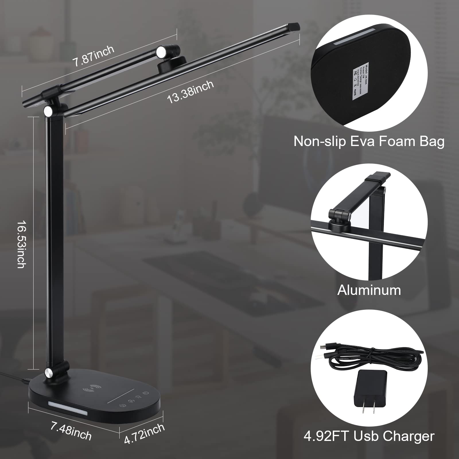 Lightess LED Desk Lamp with Wireless Charger, USB Port, Touch Control - 5 Color Modes & 5 Brightness Levels, Auto Timer, Eye-Caring Study Lamp for Office, Home, Reading & Night Use - Black