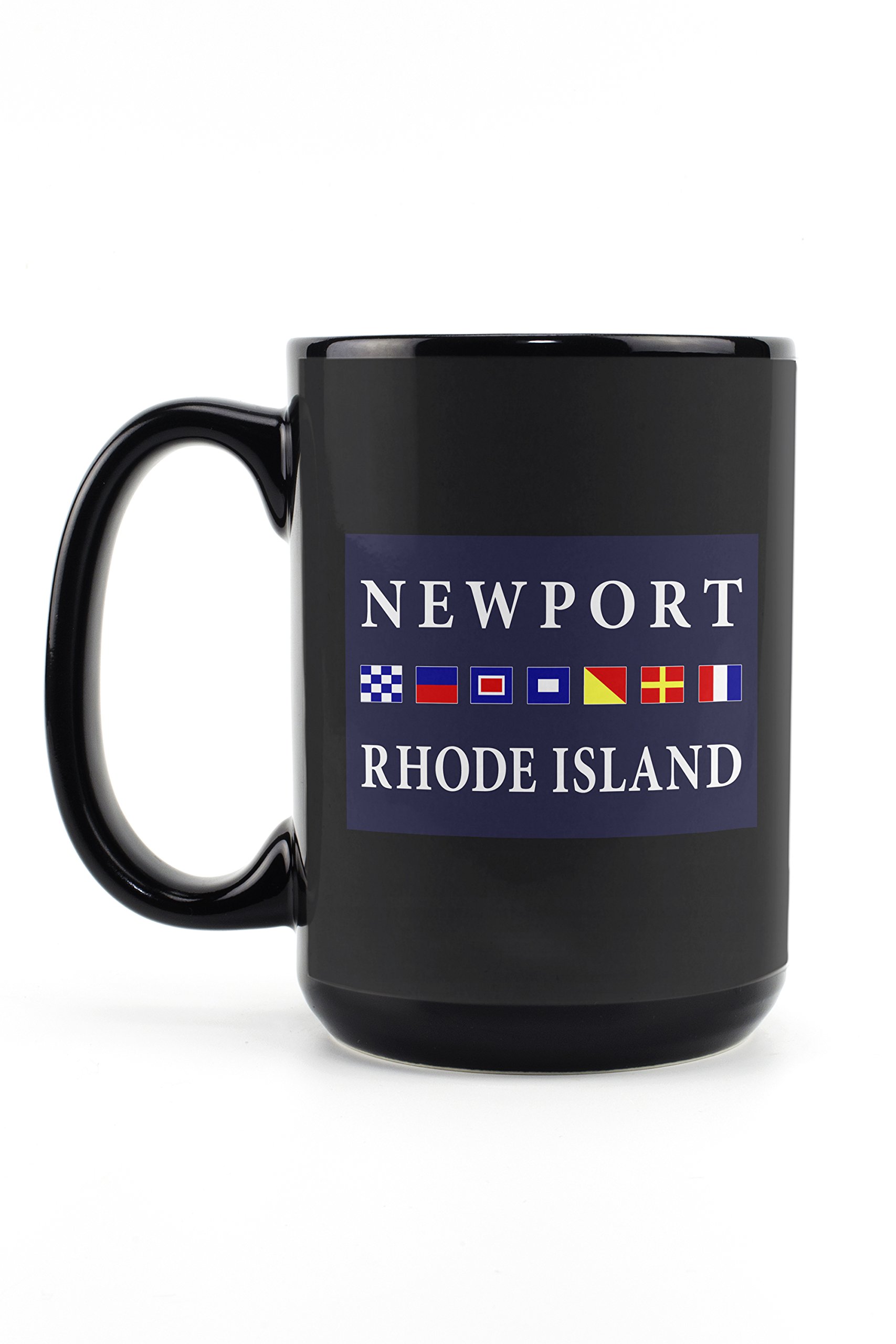 Lantern Press Newport Rhode Island Nautical Flags 15oz Black Ceramic Coffee Mug - Microwave & Dishwasher Safe - Perfect for Home, Office & Gifts