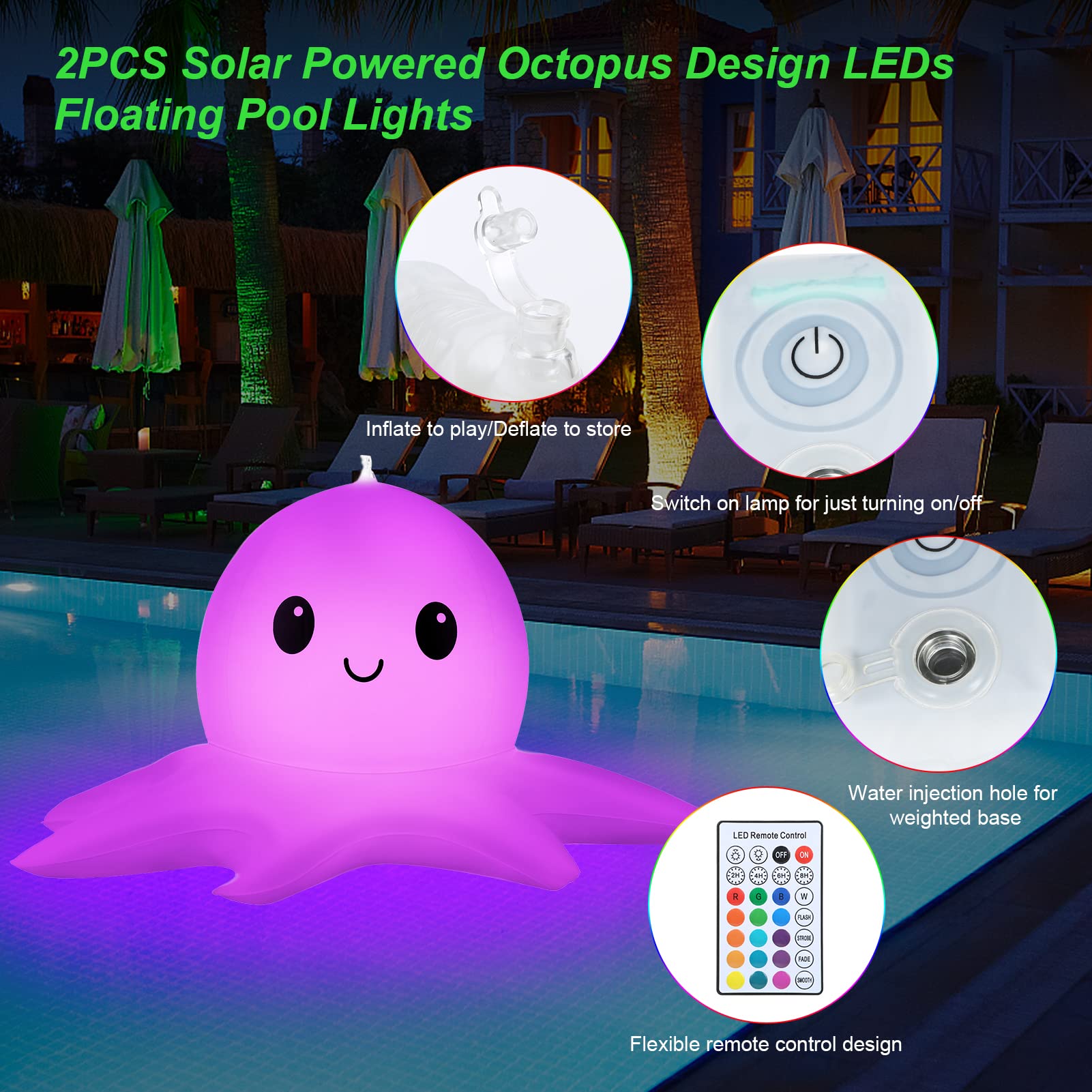2 Pack Solar Floating Pool Lights with Remote - Dimmable & Timer Octopus Inflatable Lights for Above Ground Pools, Perfect for Night Swimming, Garden Parties, and Christmas Decorations