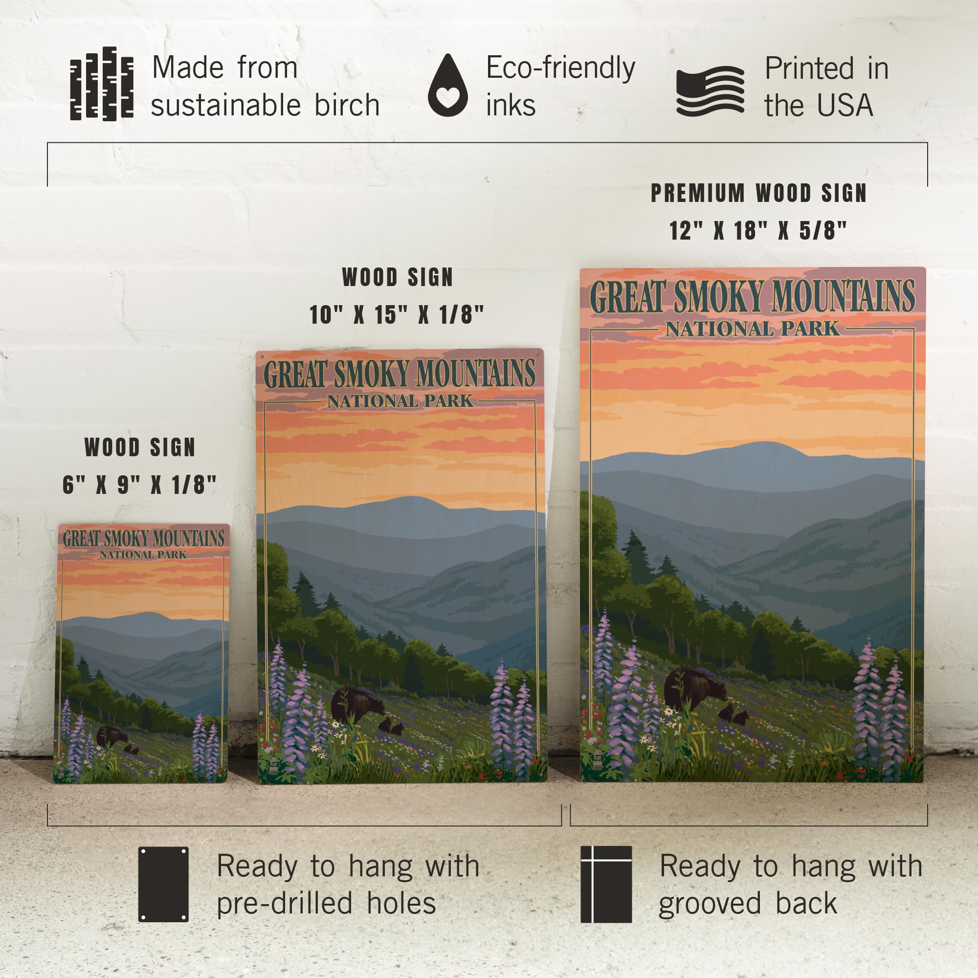 Lantern Press 10x15 Inch Wooden Wall Sign - Ready to Hang Smoky Mountains National Park Decor with Bear & Spring Flowers Design - Perfect for Cabin, Living Room or Outdoor Patio Decor