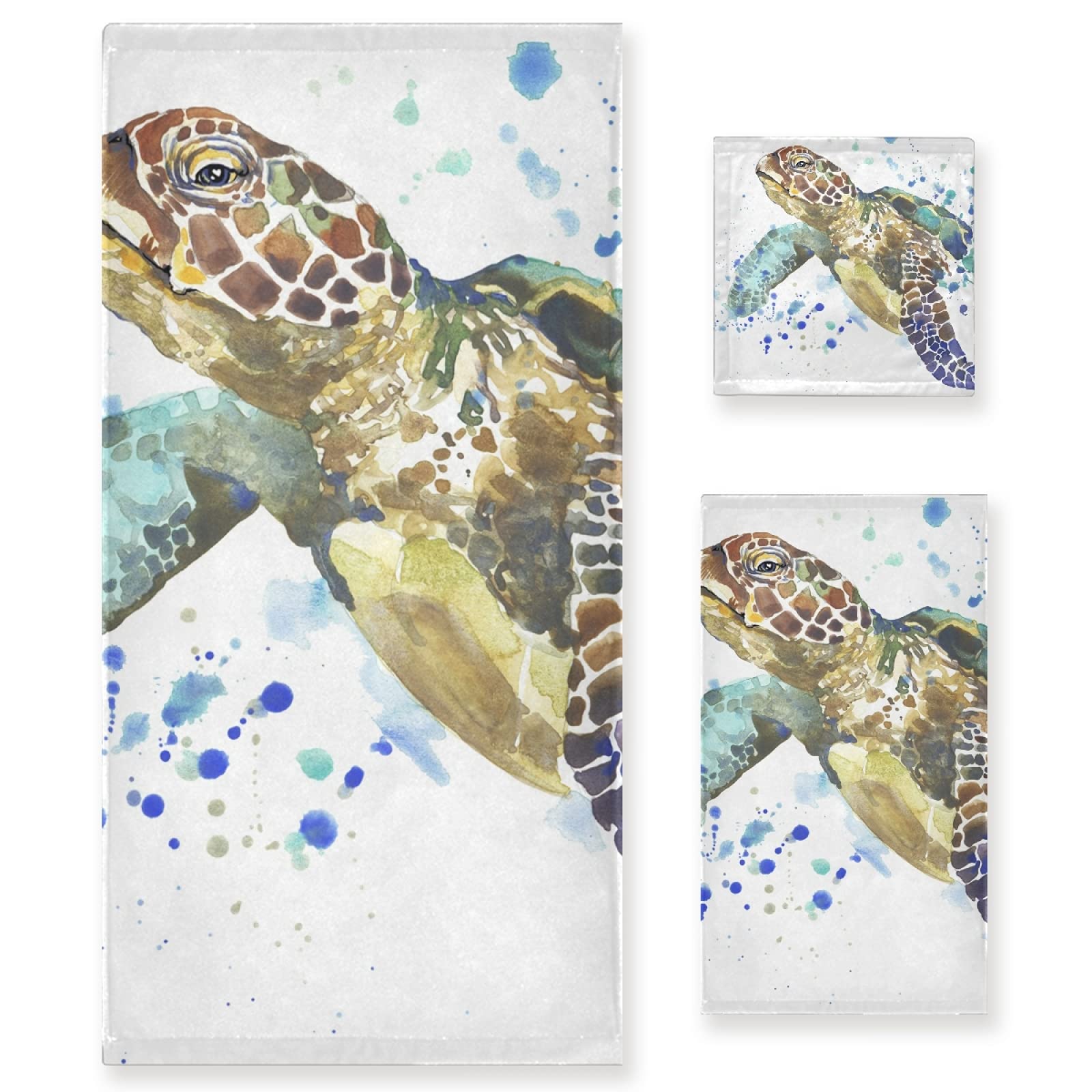 ALAZA Sea Turtle Print Bath Towel Set - 3 Piece (1 Bath Towel, 1 Hand Towel, 1 Washcloth) | Soft Absorbent Cotton Bathroom Towels for Beach House Decor, Coastal Bathroom Accessories & Spa Day Essentials