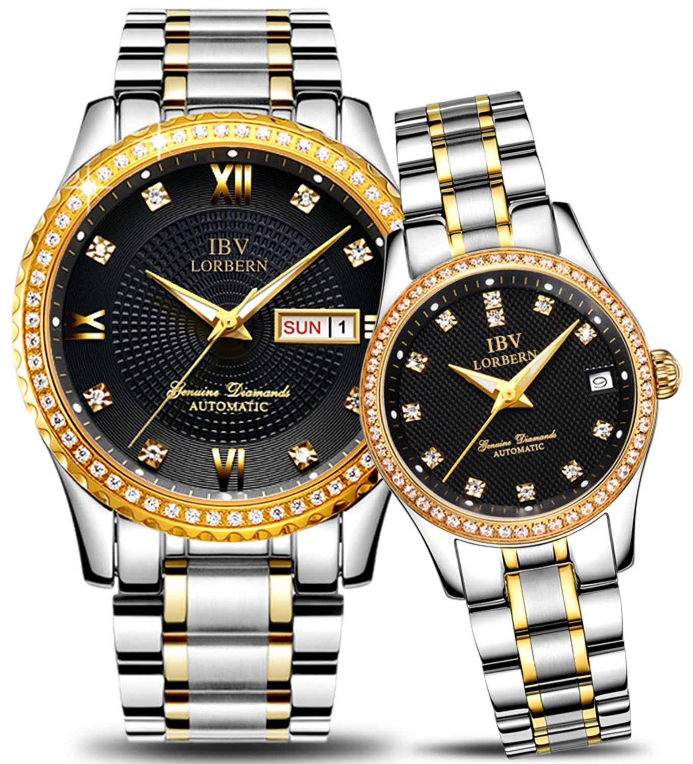 Swiss Automatic Mechanical Watch for Men & Women - Diamond-Accented Two-Tone Couple Watches | Luxury Dress Watch for Anniversary, Wedding & Special Occasions