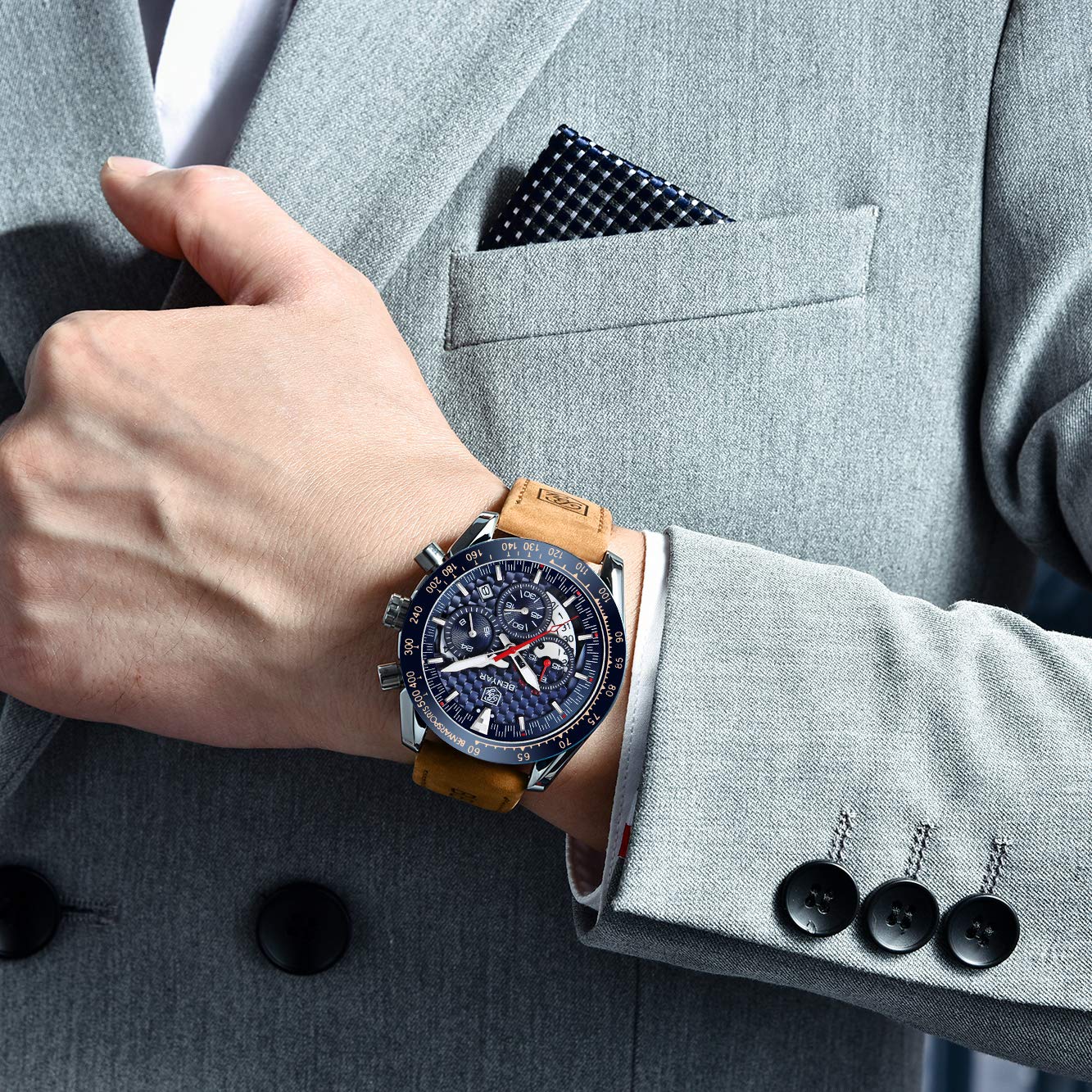 BENYAR Men's Sports Chronograph Watch - Analog Quartz, Date Display, Waterproof 3ATM, Leather Strap - Stylish Business & Casual Wristwatch for Men | Perfect for Office, Daily Wear & Outdoor Activities