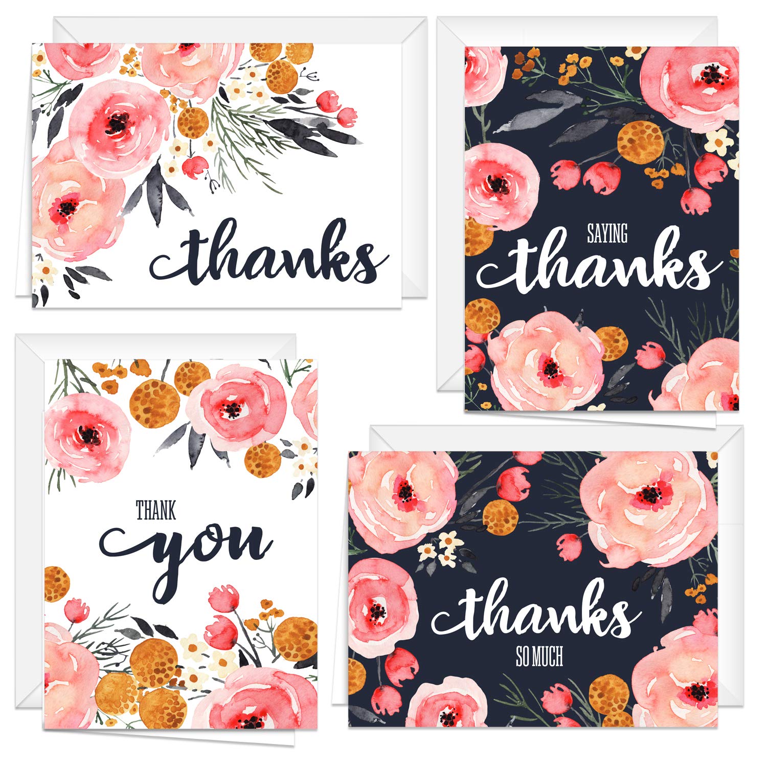 24-Pack Watercolor Pink & Navy Floral Thank You Cards with White Envelopes - Modern Greeting Cards for Weddings, Birthdays & Appreciation Gifts | Bulk Stationery for Handwritten Notes