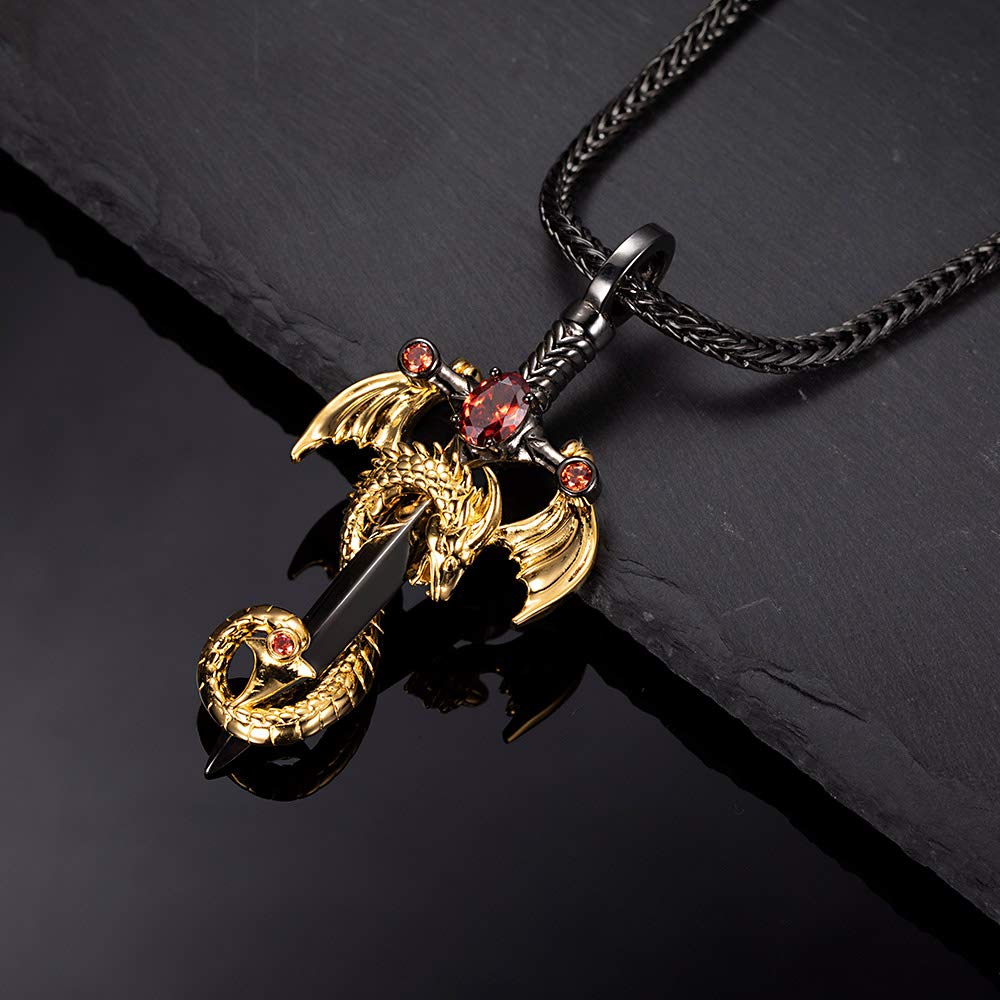 Dragon Sword Necklace with Cross | Personalized Birthstone Dragon Pendant for Men | Black Gold Wing Dragon Necklace Gift for Dad | Father's Day, Christmas, Birthday Gift for Him | Perfect for Cosplay, Fantasy Lovers & Medieval Enthusiasts
