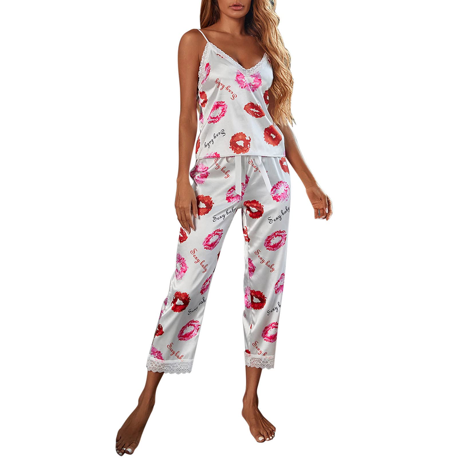 Women's Pajama Set - Soft & Sexy Lace Print Sleepwear Lounge Set with Slippers for Women | Comfortable Nightwear for Bedtime, Relaxing at Home & Sleepovers