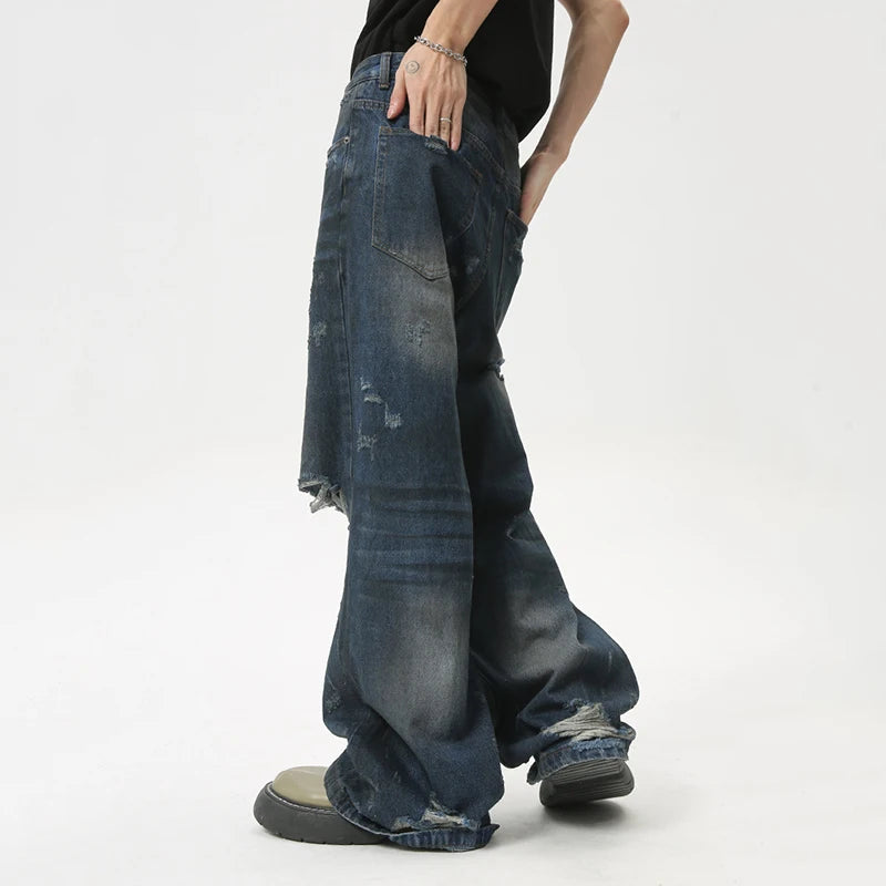 American Style Loose Fit Men's Denim Jeans - Casual Straight Leg Distressed Zipper Pants for Men | Trendy Summer Fashion (9C6087) | Perfect for Streetwear, Daily Wear & Casual Outings