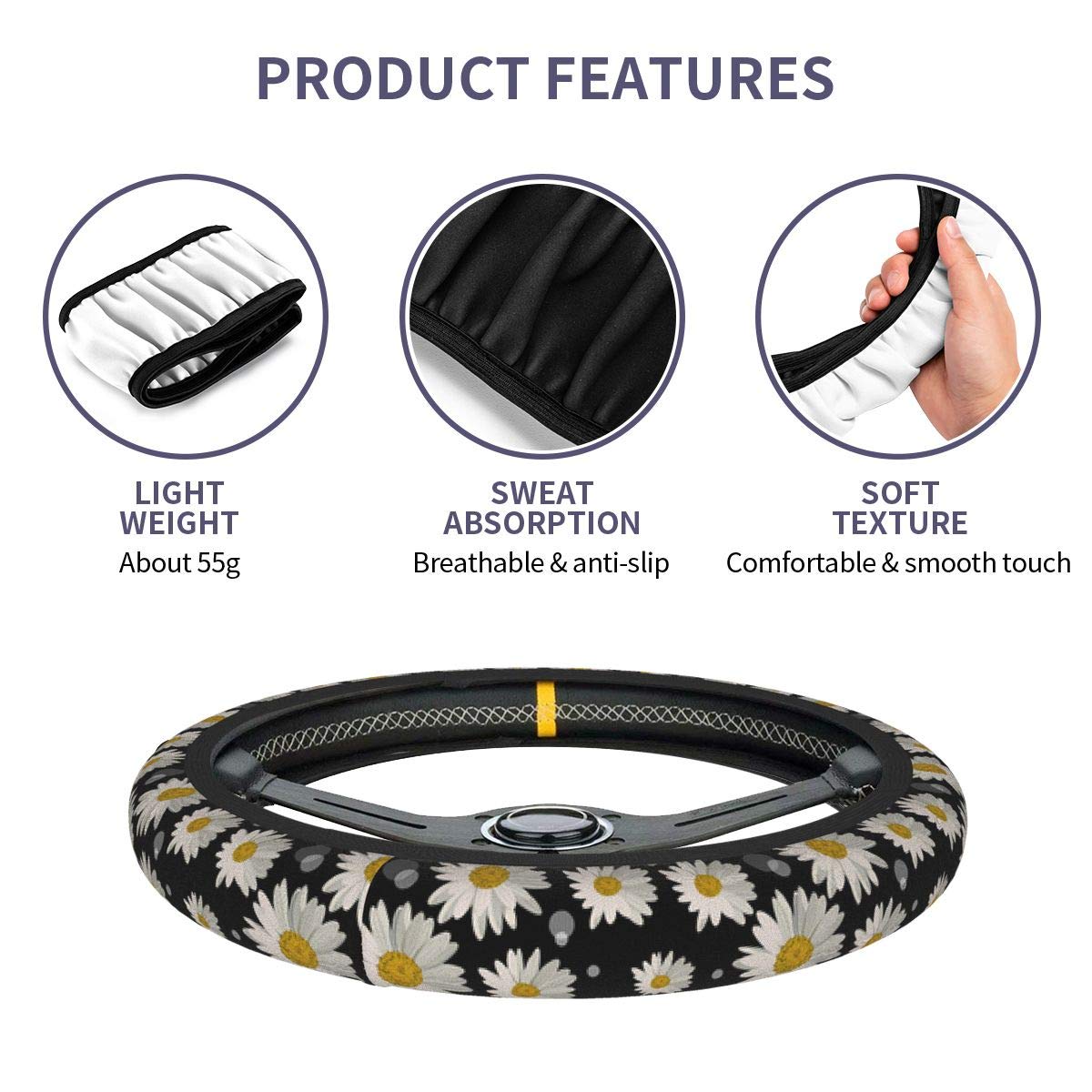 Delerain White Daisies Steering Wheel Cover - Anti-Slip Elastic Car Accessories, Universal 15 Inch Steering Wheel Protector for Men & Women - Perfect for Summer Driving, Road Trips, and Daily Commute