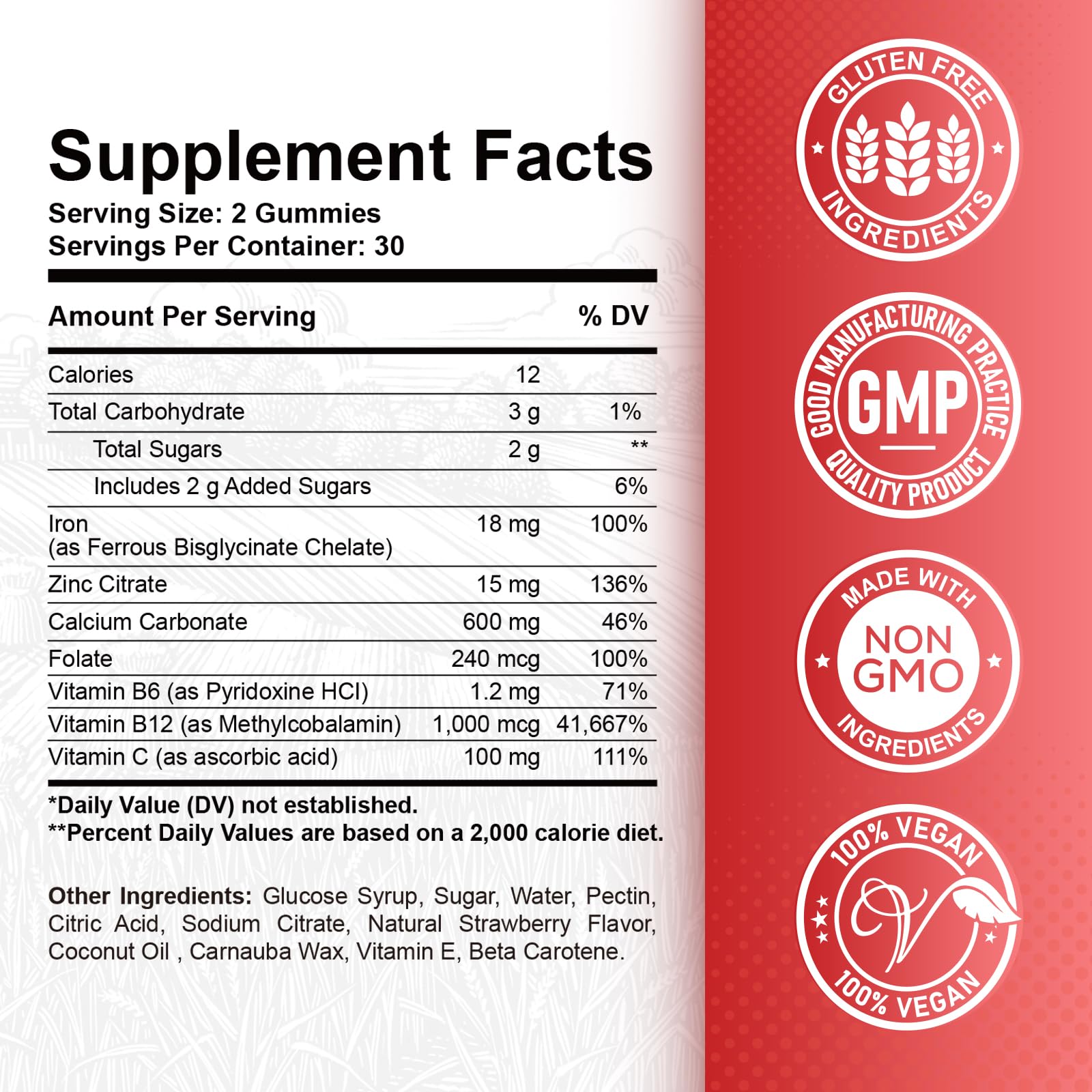 Iron Gummies for Adults & Kids - with Calcium, Zinc, Folate & Vitamins B12, C, B6 - Blood Builder & Energy Support for Iron Deficiency & Anemia - Vegan Supplement - 60 Chewable Gummies - Perfect for Daily Nutrition & Immune Support at Home, Work or Travel
