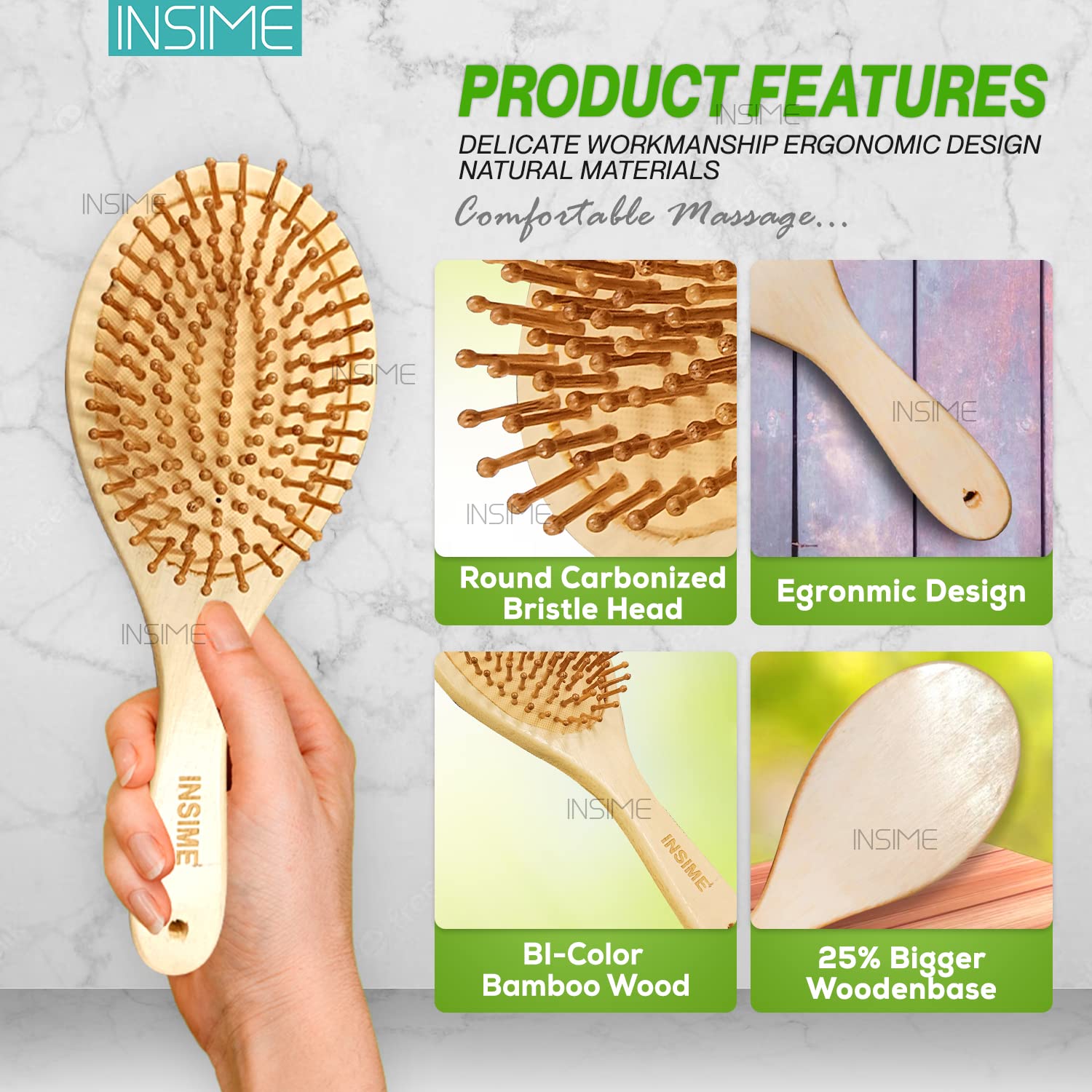 INSIME Bamboo Wooden Hair Brush for Women & Men - Hair Growth & Styling for Curly Hair at Home & Travel