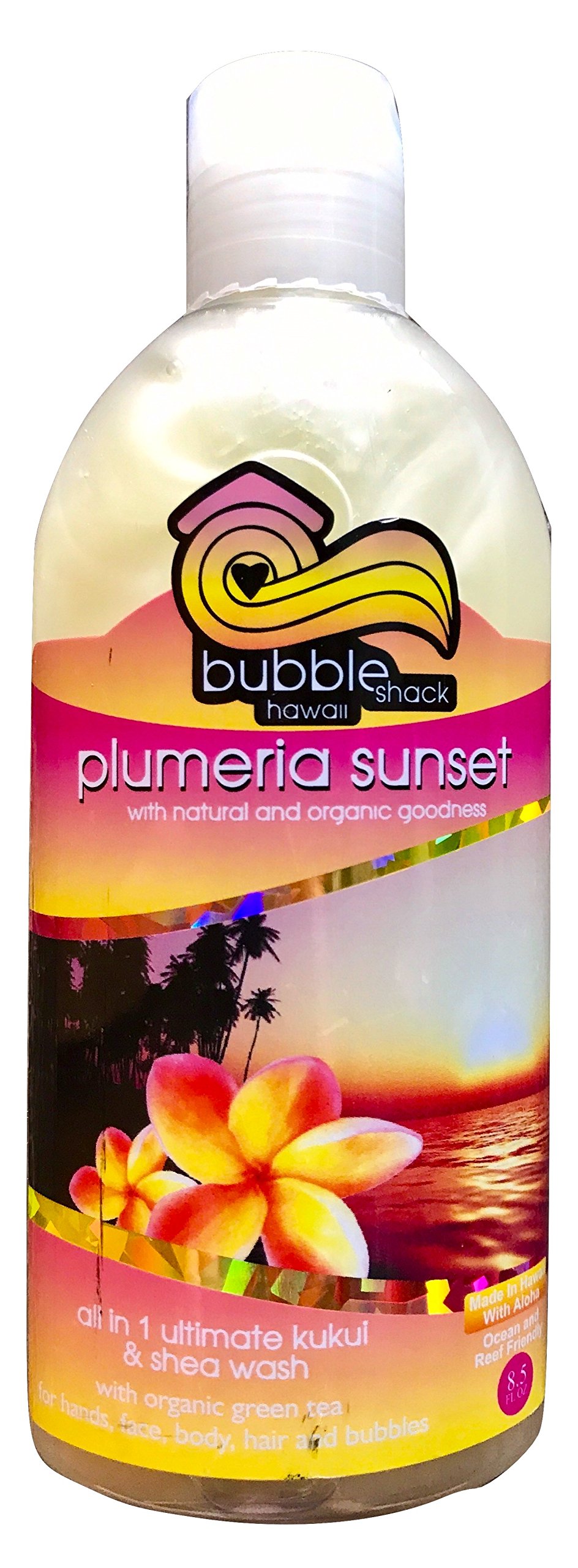 Bubble Shack Hawaii Plumeria Sunset All-in-One Ultimate Kukui & Shea Body Wash - Tropical Moisturizing Shower Gel for Dry Skin, Perfect for Spa Day & Vacation Self-Care