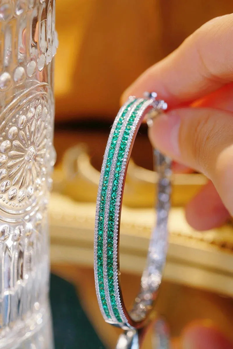 18K White Gold Diamond & Emerald Bangle for Women - Luxury Shiny Design, 100% Real Natural Stones - Perfect for Senior Banquets, Weddings & Special Occasions