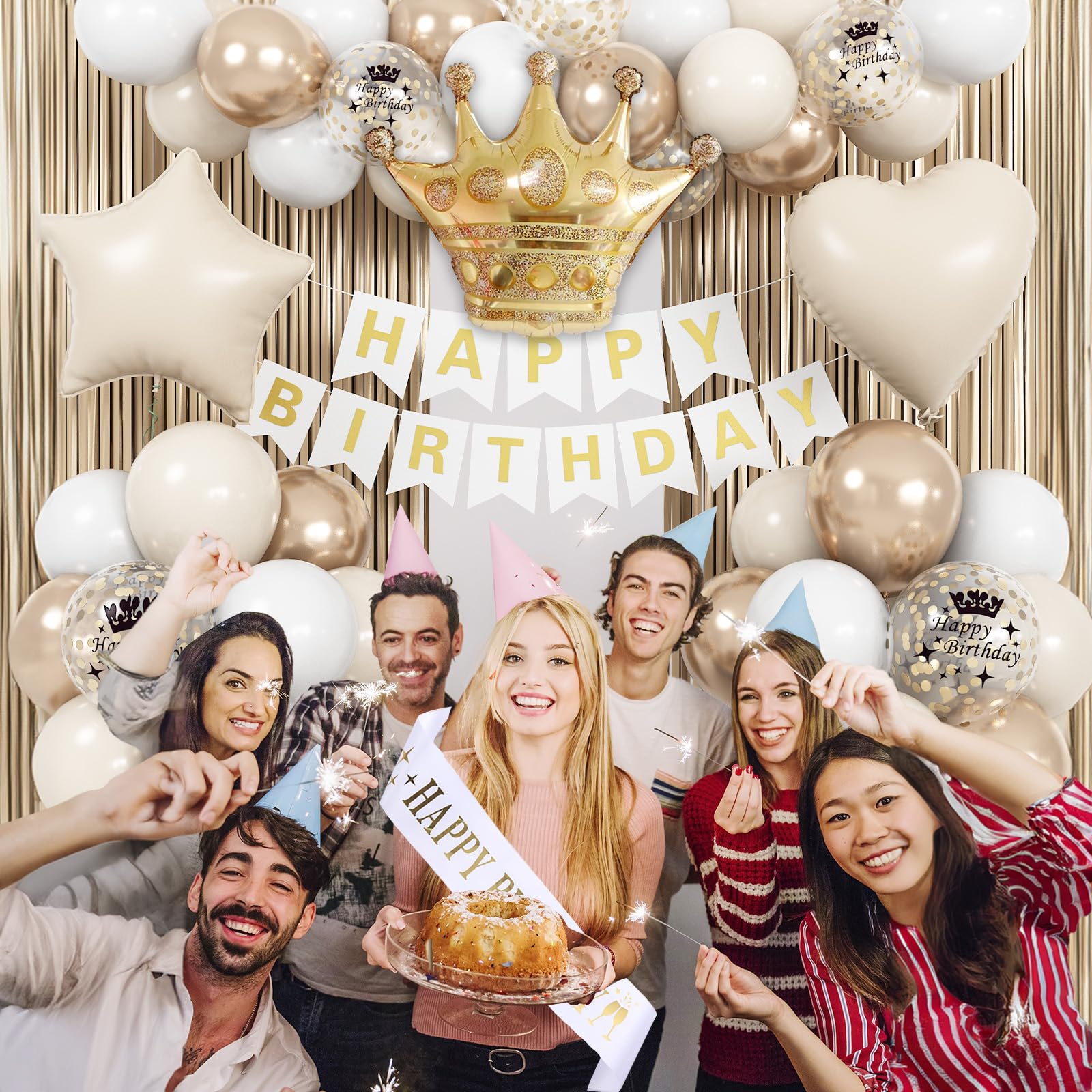 Elegant White & Gold Birthday Party Decorations Set - Cream Champagne Balloons, Banner, Foil Balloons & Fringe Curtain for Boho Theme Celebrations - Perfect for Baby Showers, Bridal Showers & Anniversary Parties