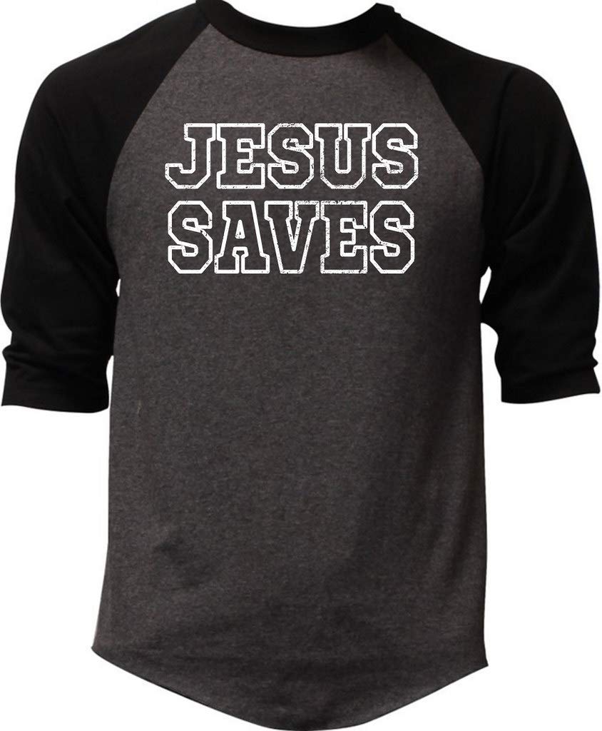 Koyotee Men's Jesus Saves Christian Graphic Raglan Baseball Tee - Charcoal/Black - Comfortable Religious Apparel for Church, Bible Study & Everyday Wear