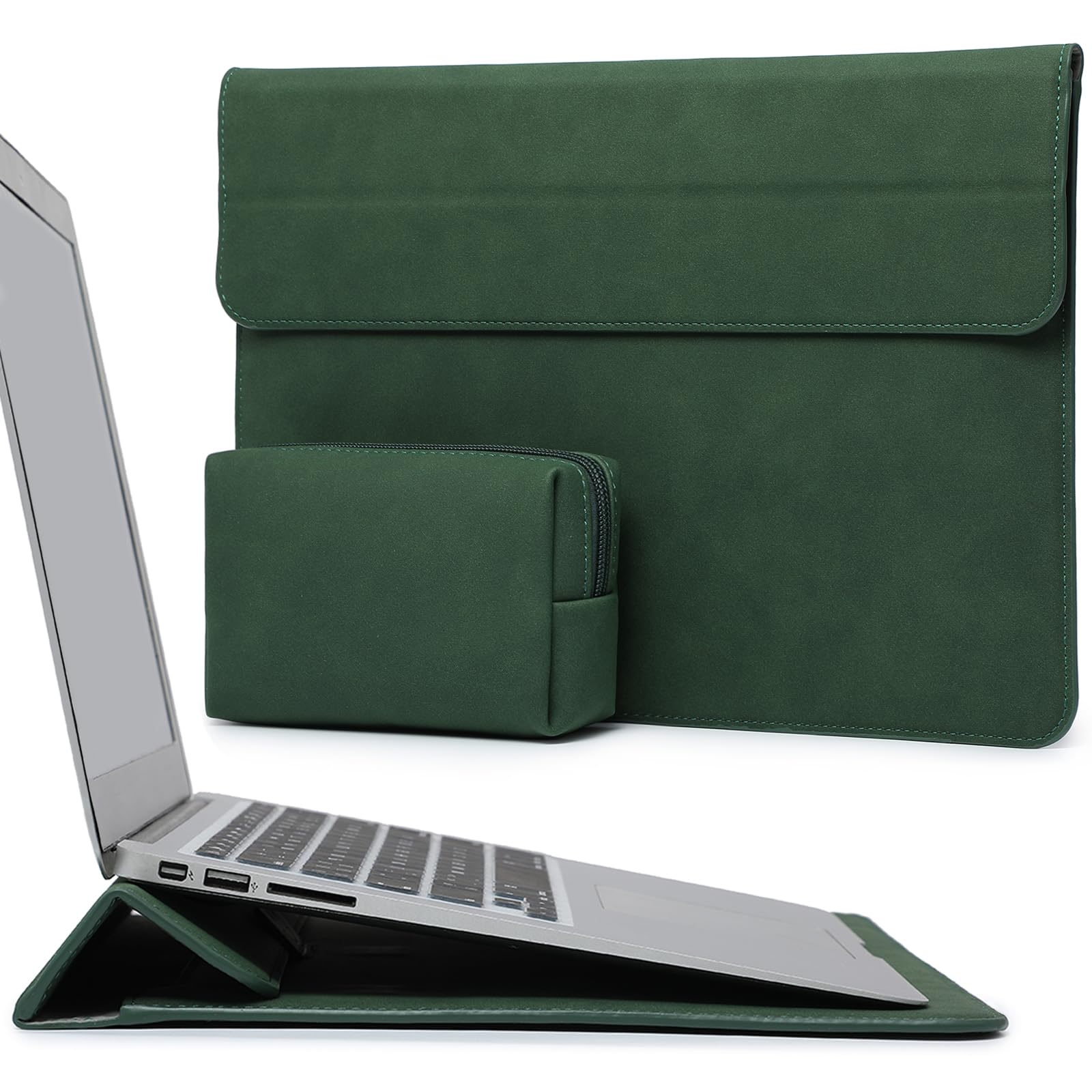 HYZUO 13 Inch Laptop Sleeve with Stand - Compatible with MacBook Air 13 (2024-2018 M3/M2/M1), MacBook Pro 13 (2024-2016 M2/M1), iPad Pro 13 M4, iPad Air 13 M2, Surface Pro, Dell XPS 13 - Protective Case with Storage Pouch in Midnight Green - Perfect for Work, Travel & School