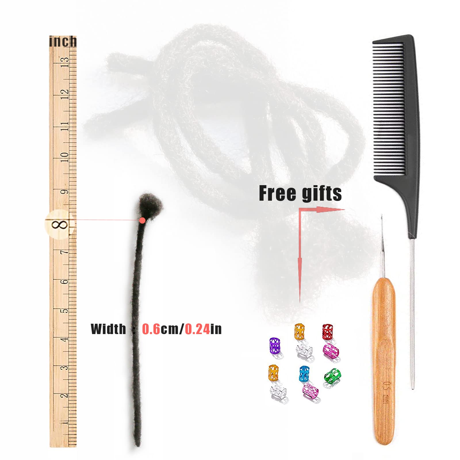 60 Strands Human Hair Dreadlock Extensions - 8 Inch 0.6cm Soft Natural Black Permanent Locs for Men & Women | Handmade with Needle & Comb | Can Be Dyed, Bleached & Curled | Perfect for Protective Styles, Boho Looks & Festival Hairstyles
