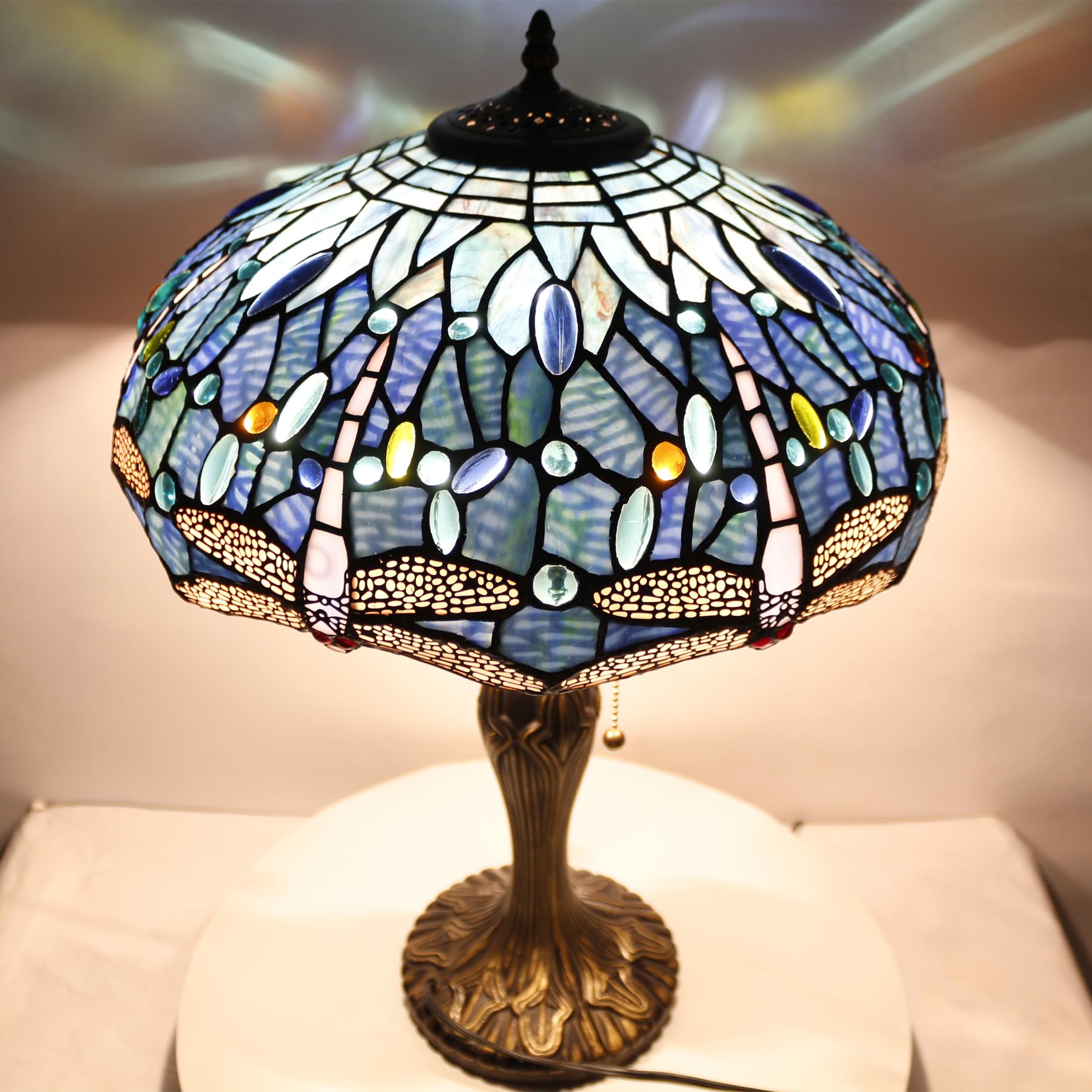 WERFACTORY Tiffany Style Dragonfly Stained Glass Table Lamp - 16x16x24 Inch Blue Bedside Reading Light with Metal Base for Bedroom, Living Room & Home Office (S631 Series) | Perfect for Cozy Ambiance, Study & Relaxation