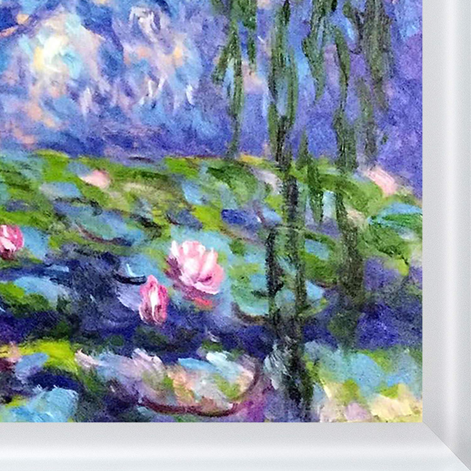 Hand Painted Oil Painting Reproduction - Monet Water Lilies & Willow Vines in Moderne Blanc Frame 26.75x22.75 Inch - Classic Home & Office Wall Decor for Living Room, Bedroom or Gallery Display