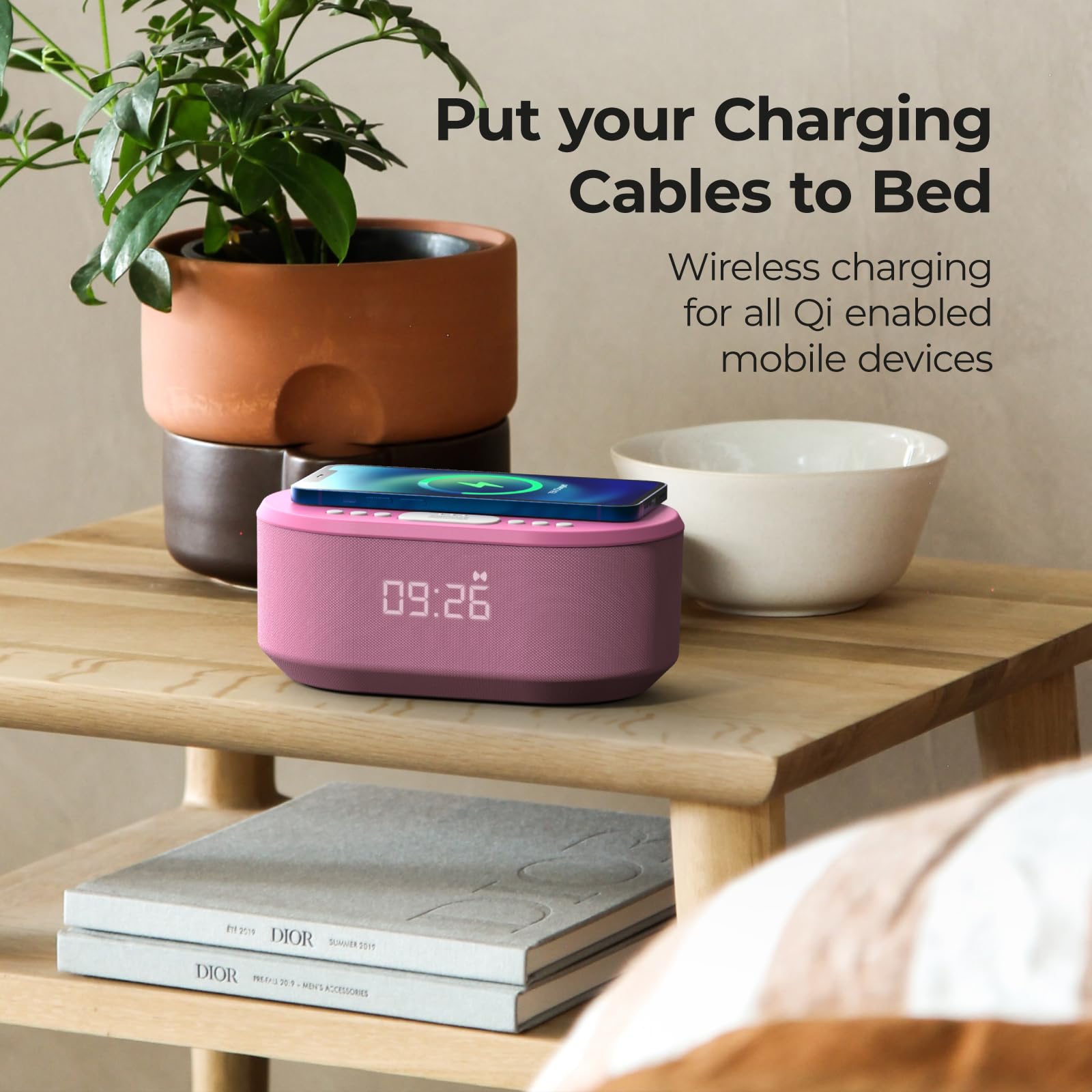 i-Box Bedside Alarm Clock Radio with Bluetooth Speaker, USB Charger & QI Wireless Charging - Dimmable LED Display, Silent Non-Ticking, Mains Powered (Pink) - Perfect for Bedroom, Office, Nightstand & Travel