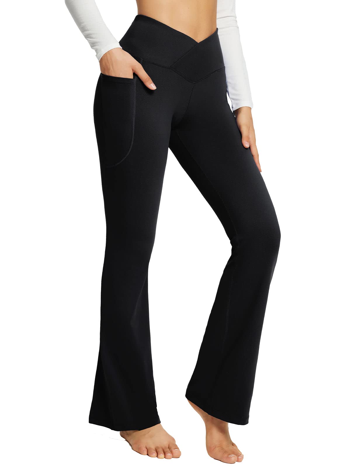 BALEAF Women's High Waist Flare Leg Yoga Pants with Pockets - Trendy Crossover Workout Leggings for Yoga, Gym, Running & Casual Wear