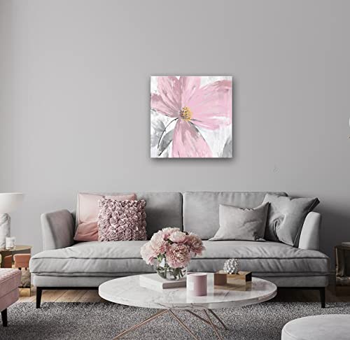 Abstract Blush Pink and Grey Flower Wall Art Canvas Print - Modern Home Decor for Bathroom, Bedroom & Living Room - Elegant Handmade Painting for Housewarming Gift & Interior Design