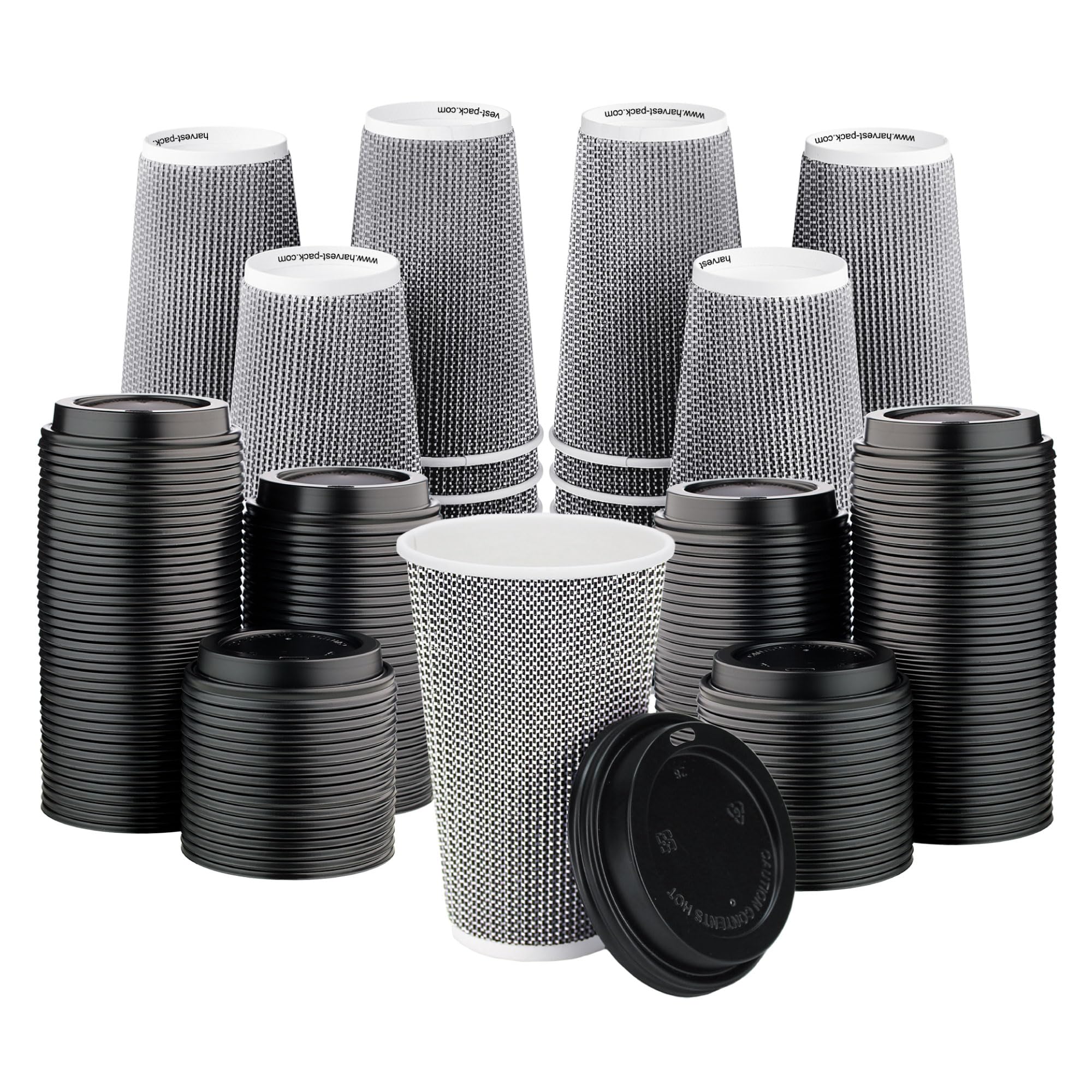 [340 SET] 16 oz Disposable Coffee Cups with Lids - Insulated Double-Walled Paper Cups, Black & White Geometric Design for Hot Beverages - Perfect for Coffee, Tea, Hot Chocolate - Ideal for Cafes, Offices, and Takeout Services
