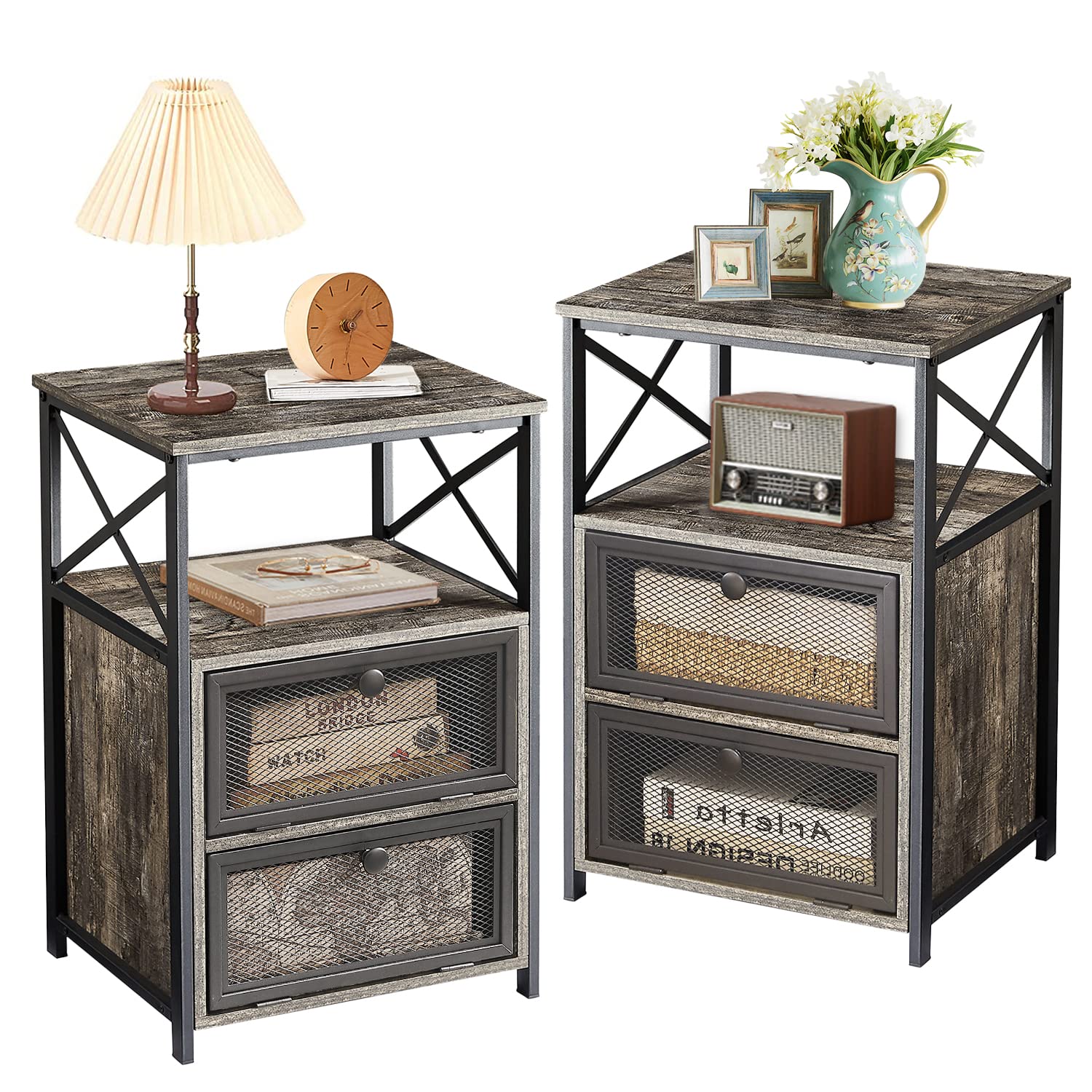 Modern Nightstands with Storage Drawer & Shelf - Set of 2 Bedside End Tables in Misty Gray for Bedroom, Living Room, Office | Space-Saving Night Stand with Organizer for Small Spaces, Apartment Essentials
