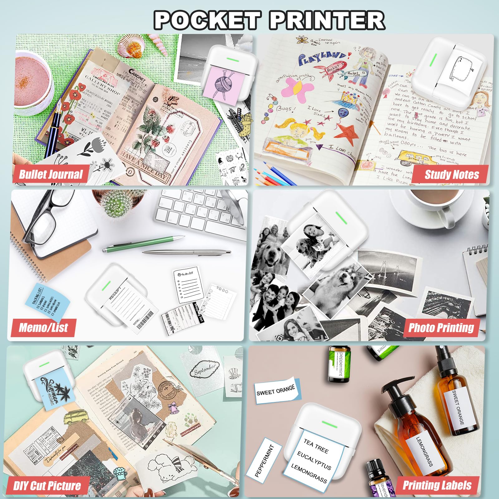 Portable Thermal Inkless Sticker Printer - 10 Rolls Printing Paper & Print Pods Included, Mini Printer for Journals, Notes, Kids Gifts - Android & iOS Compatible | Perfect for DIY Crafts, Scrapbooking, School Projects & Party Favors