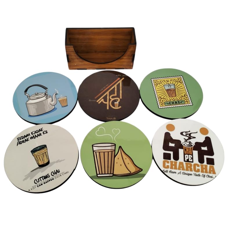 PINK PEARL Set of 6 Elegant Quote Coasters with Wood Stand - Funny Coffee Mug & Tea Cup Coasters - Perfect Gift for Tea Lovers & Chai Enthusiasts - Great for Home, Office, and Cafe Decor