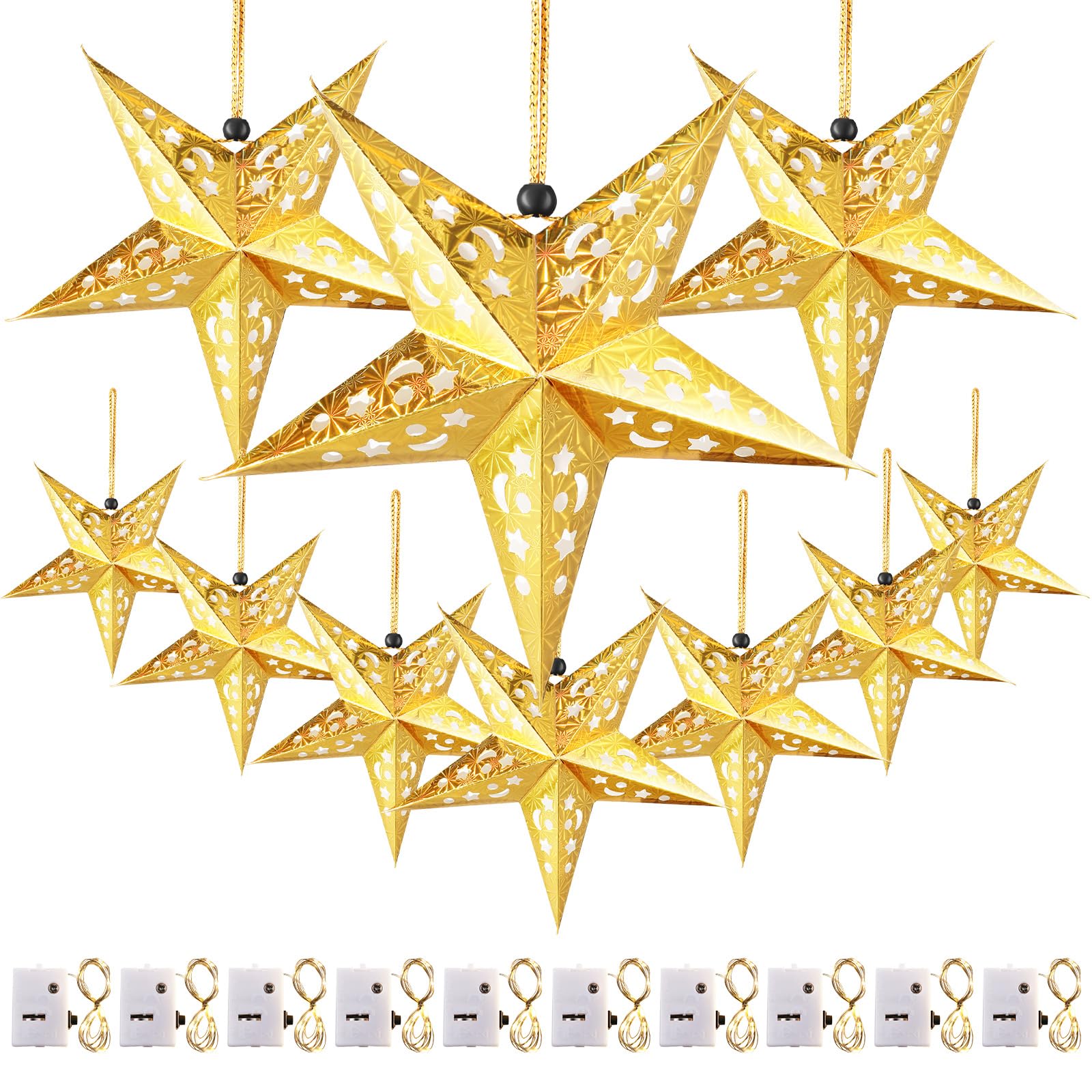 10 Pack 3D Christmas Paper Star Lanterns with LED Lights - Hanging Party Decorations for Xmas, Independence Day, Home, Wedding & Outdoor Events