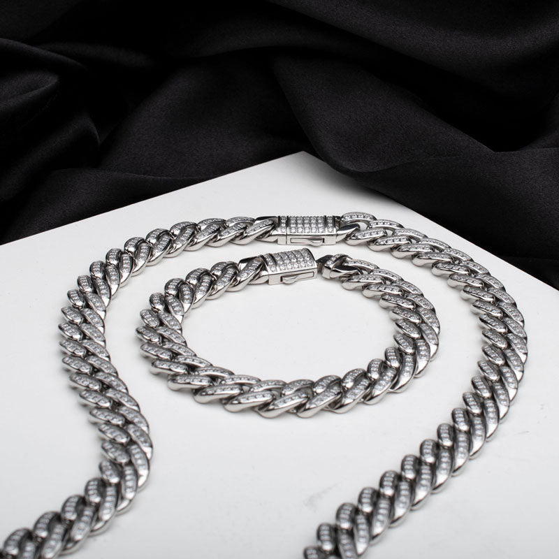 12mm Stainless Steel Miami Cuban Link Bracelet - CNC Precision Set with Genuine Cubic Zirconia Stones - Secure Double Tab Box Clasp - Perfect for Men's Jewelry, Gift Giving, and Special Occasions