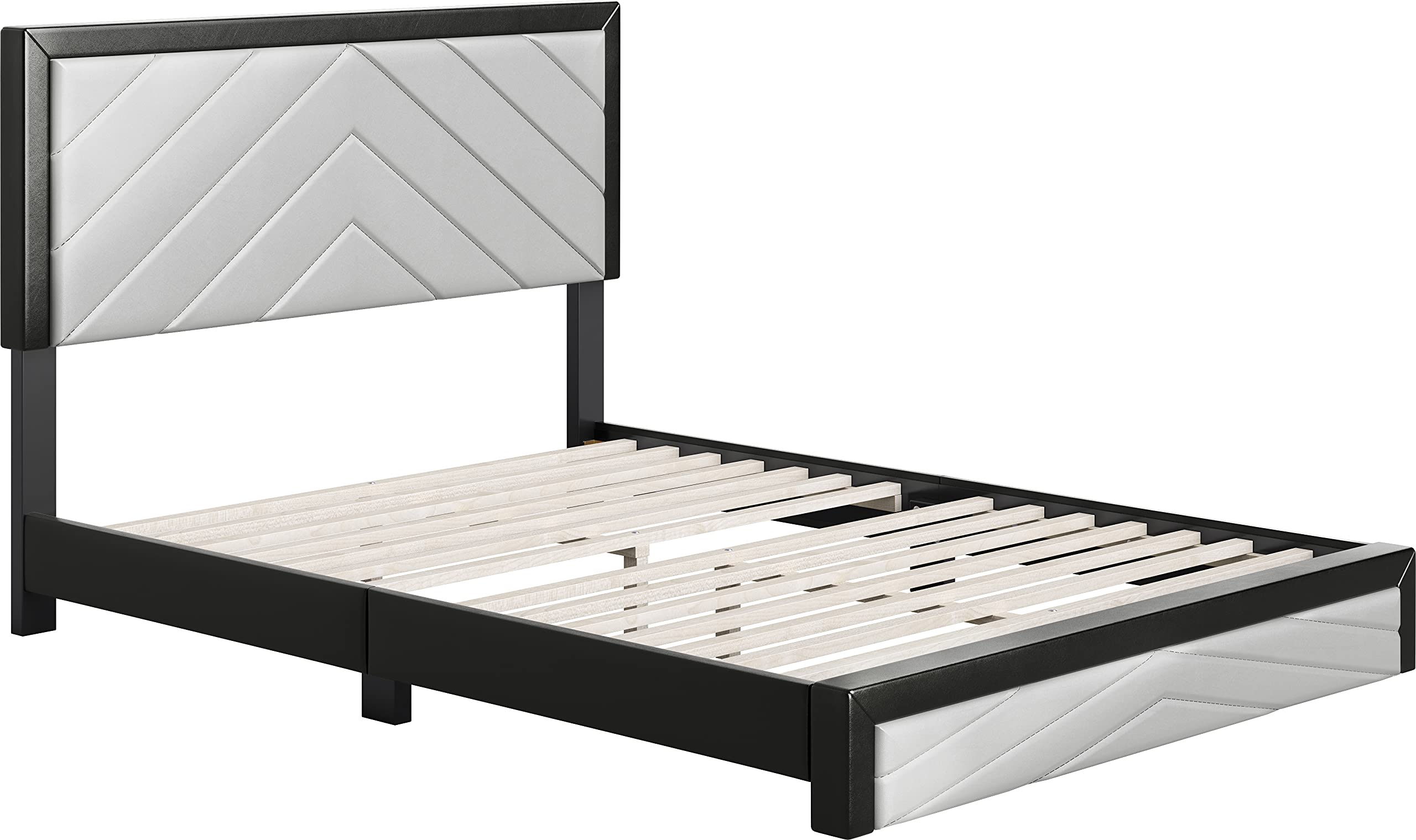 Boyd Sleep Arden Upholstered Platform Bed Frame with Headboard - Faux Leather, Black/Grey, Full Size for Modern Bedrooms
