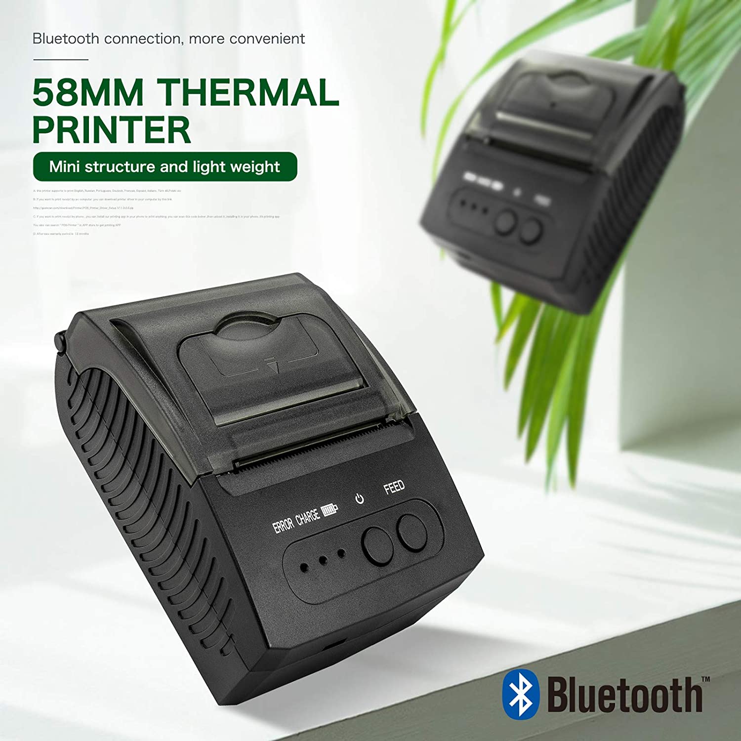 NT 1809 Portable 58mm Thermal Printer for Receipts, Labels & Barcodes - Compact Bluetooth POS Printer for Retail, Shipping & Small Business Use