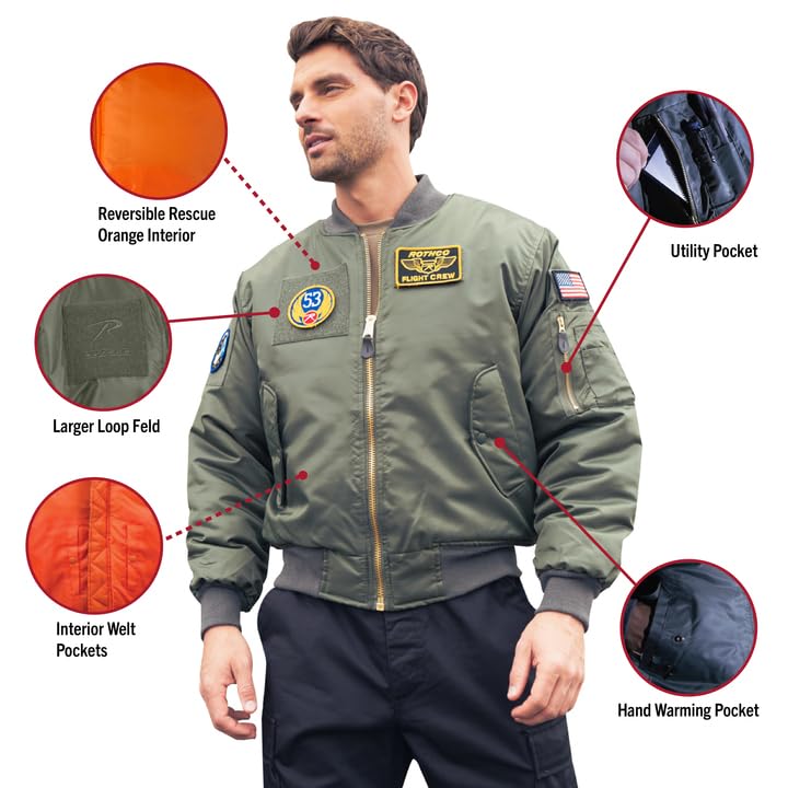 Rothco Classic Cold Weather Bomber Flight Jacket with Morale Patches - Warm Aviator Jacket for Men & Women - Perfect for Winter Outdoor Activities, Military Enthusiasts & Aviation Lovers