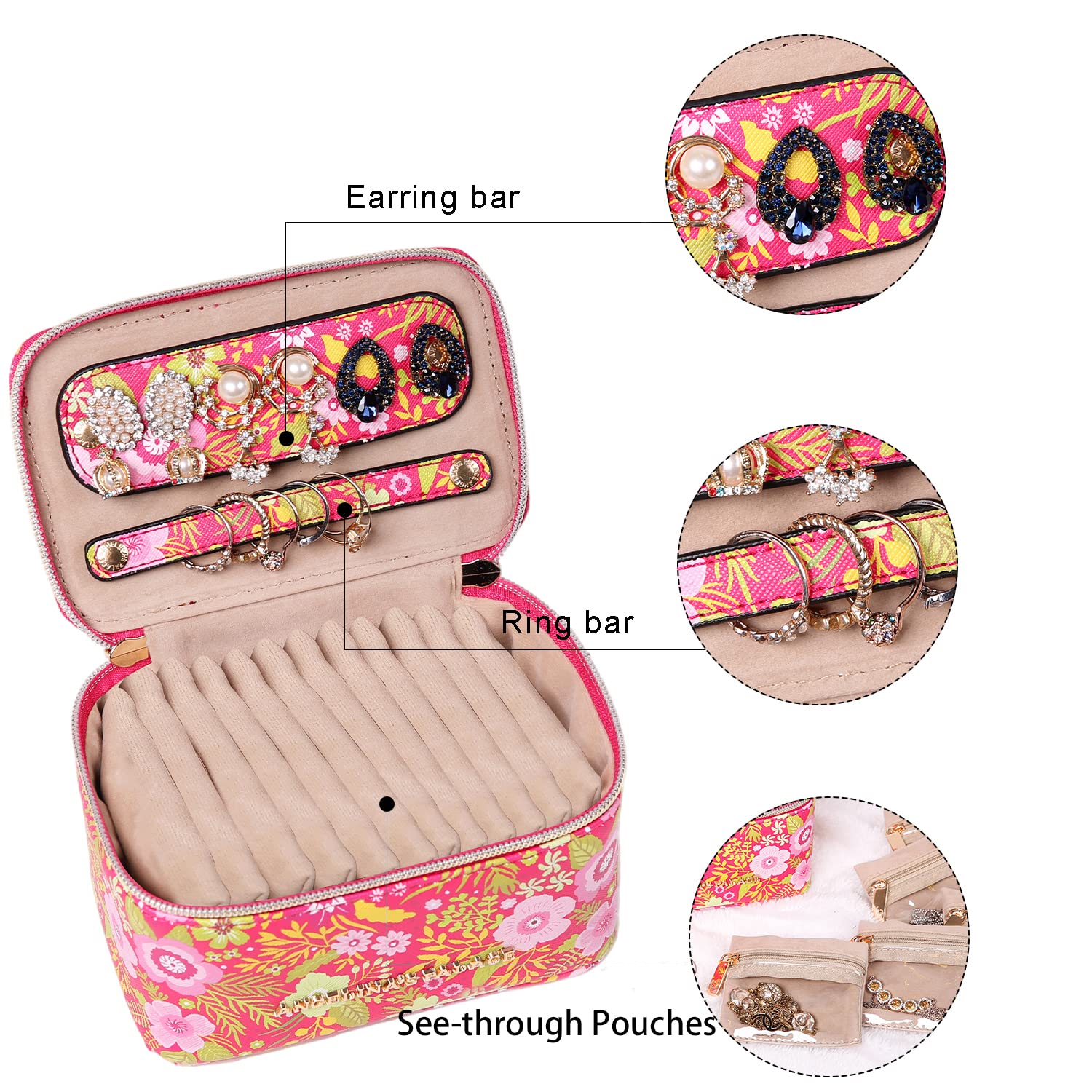 Angelina's Palace Vegan Leather Jewelry Organizer Case - Travel Jewelry Box for Necklace, Earrings, Bracelets & Rings | Perfect Bridesmaid Gift & Wedding Accessory (Blossom Fuchsia) - Ideal for Travel, Home Storage & Special Occasions