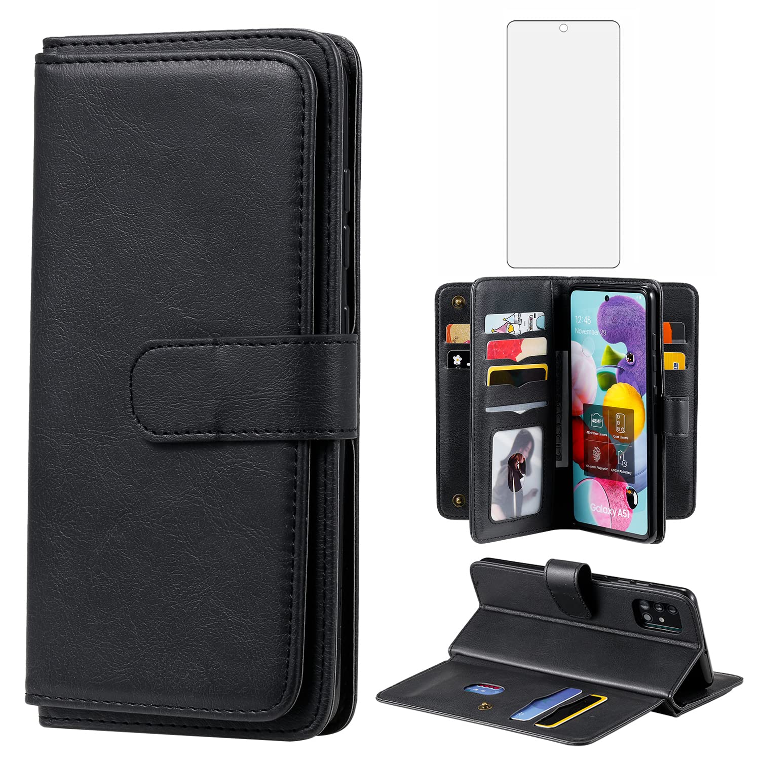 Samsung Galaxy A51 4G Wallet Case with Card Holder & Tempered Glass Screen Protector - Flip Cover Folio Phone Case for Galaxy A51/A515F/M40S (Black) - Perfect for Daily Use, Travel & Business Meetings