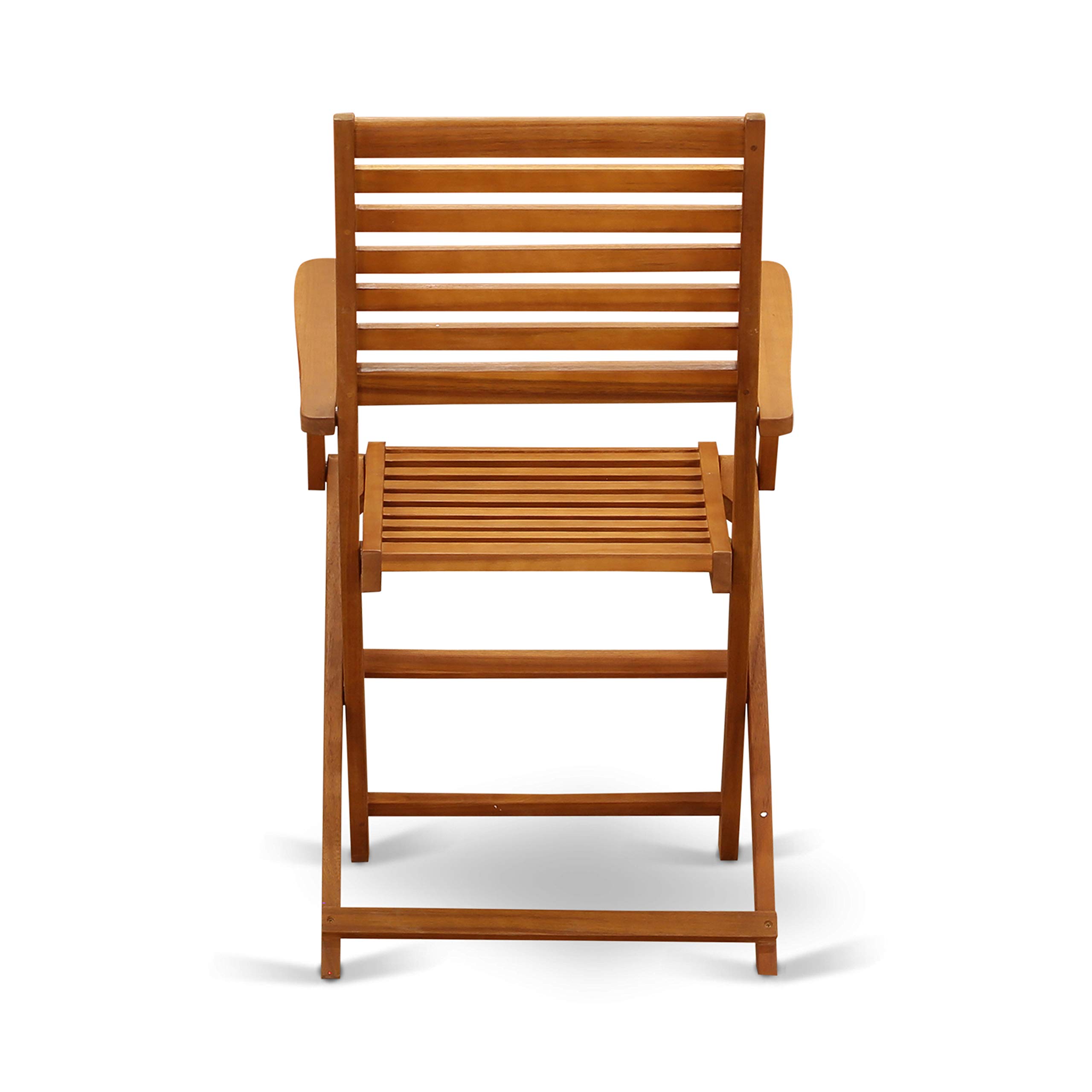 East West Furniture MNBS3CANA Marion 3-Piece Outdoor Patio Conversation Bistro Set - Round Acacia Wood Coffee Table & 2 Folding Arm Chairs, 30x30 Inch, Natural Oil Finish - Perfect for Garden, Balcony, and Backyard Relaxation