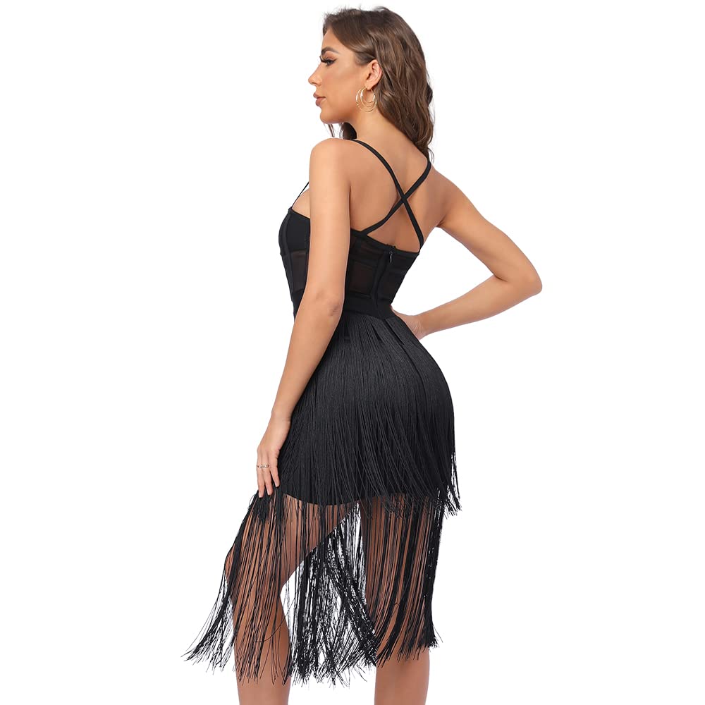 Sexy Black Fringe Tassel Bandage Dress - Mini Cocktail Party Dress for Prom, Nightclub & Evening Events | Stretchy Bodycon Clubwear for Women