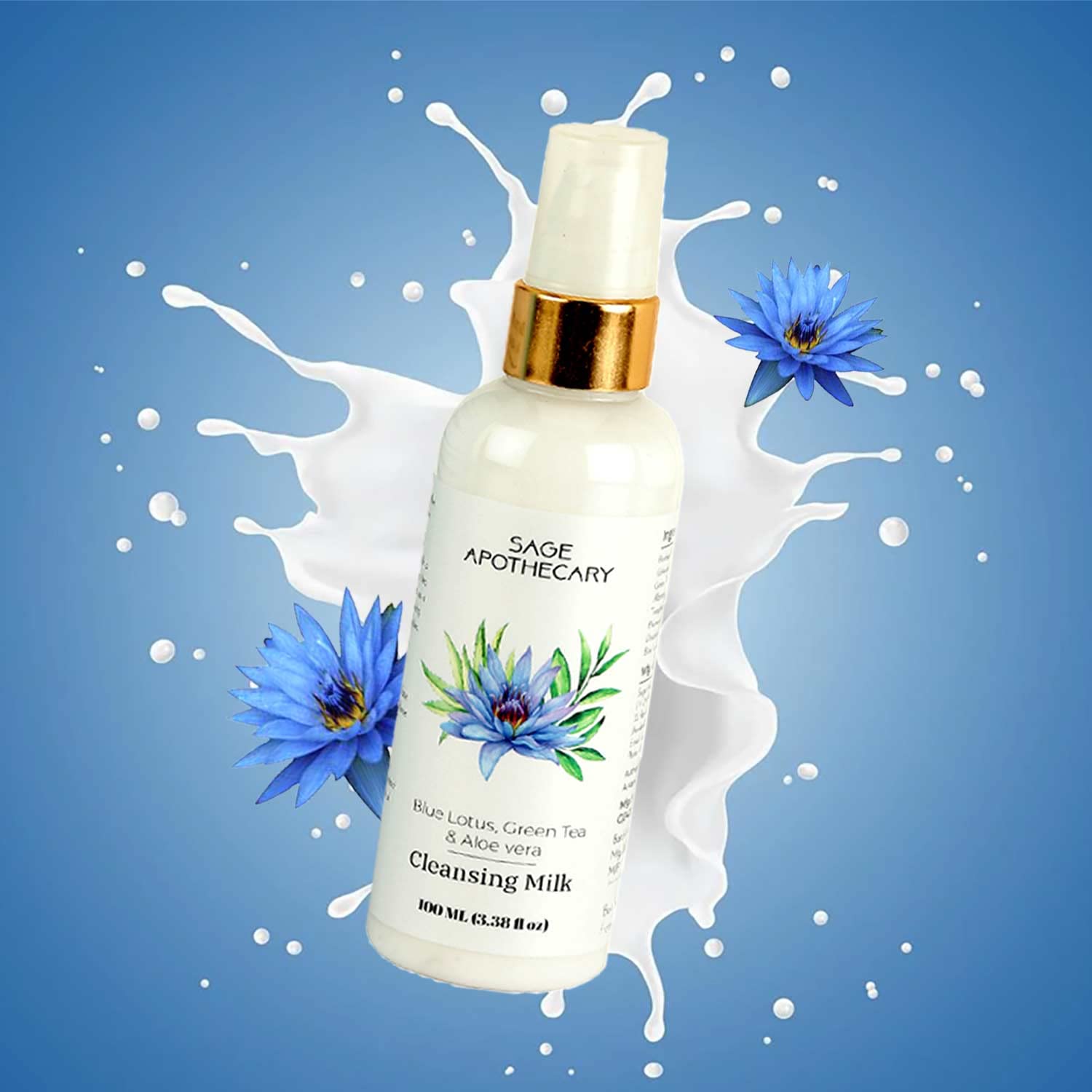 **Sage Apothecary Blue Lotus, Green Tea & Aloe Vera Cleansing Milk – Deep Pore Cleanser for Soft Skin, Makeup & Impurity Removal | 100ML Face Wash for Refreshed, Energized & Glowing Skin | Perfect for Daily Skincare & Post-Makeup Cleansing**
