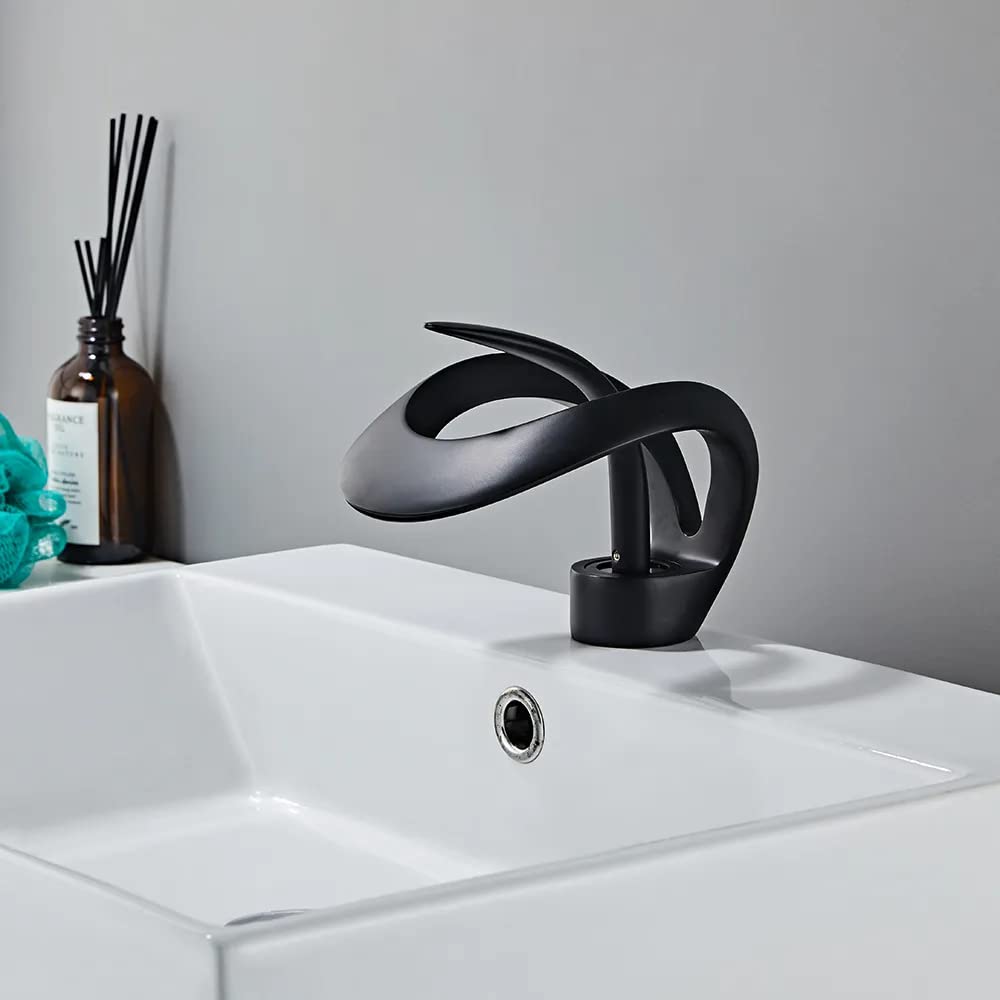 Lovedima Elegant Waterfall Single Handle 1-Hole Bathroom Vessel Sink Faucet - Solid Brass Lavatory Vanity Sink Faucet in Black | Perfect for Modern Bathrooms, Powder Rooms & Luxury Vanities