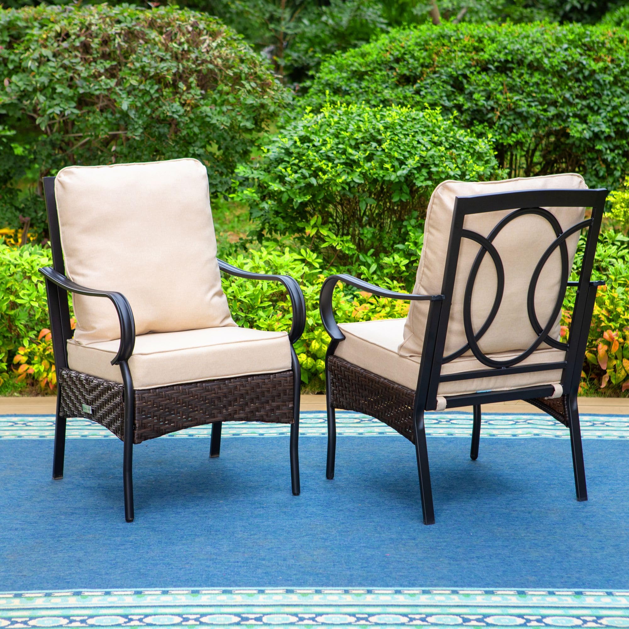 MFSTUDIO 2-Piece Outdoor Wicker Patio Dining Chairs Set with Thick Cushions - Ergonomic High Back Rattan Chairs with Armrests - Durable Metal Frame for Backyard, Poolside, and Garden Relaxation