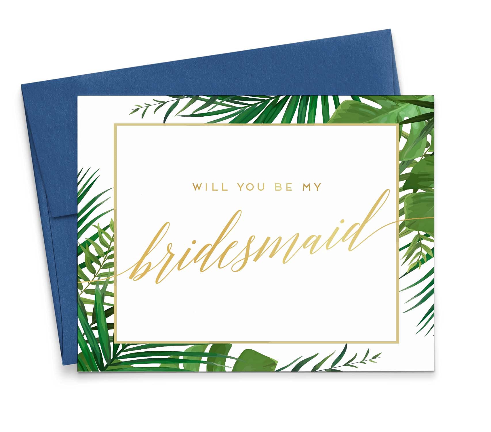 Elegant Tropical Greenery 'Will You Be My Bridesmaid?' Proposal Cards - Gold Palm Tree Bridal Party Invitation, Custom Quantity & Envelope Colors - Perfect for Beach Weddings & Boho Bridal Showers
