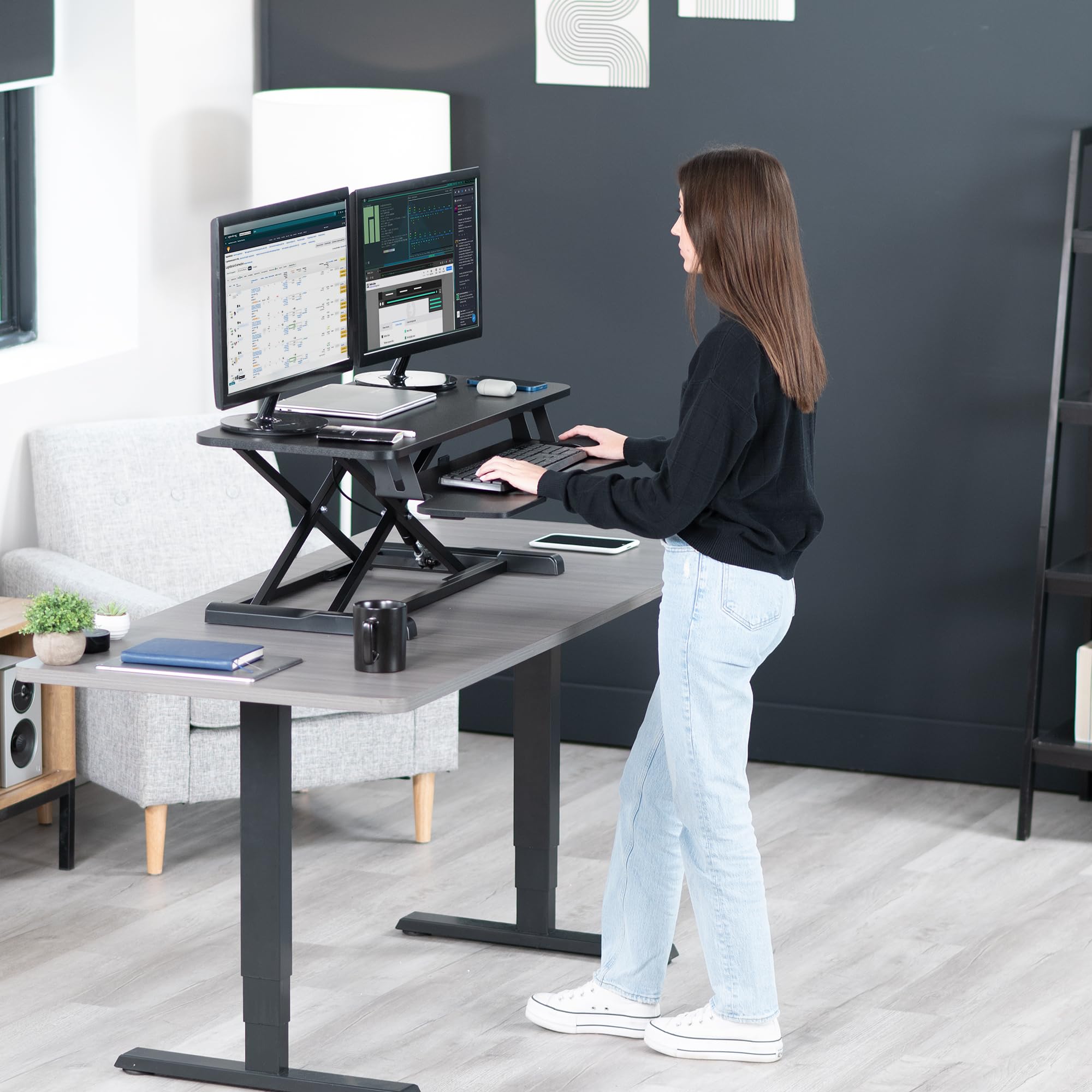 VIVO K Series 36 Inch Height Adjustable Standing Desk Converter - Dual Monitor & Laptop Workstation with Wide Keyboard Tray, Black (DESK-V036KB) - Perfect for Home Office, Gaming Setup & Ergonomic Workspace