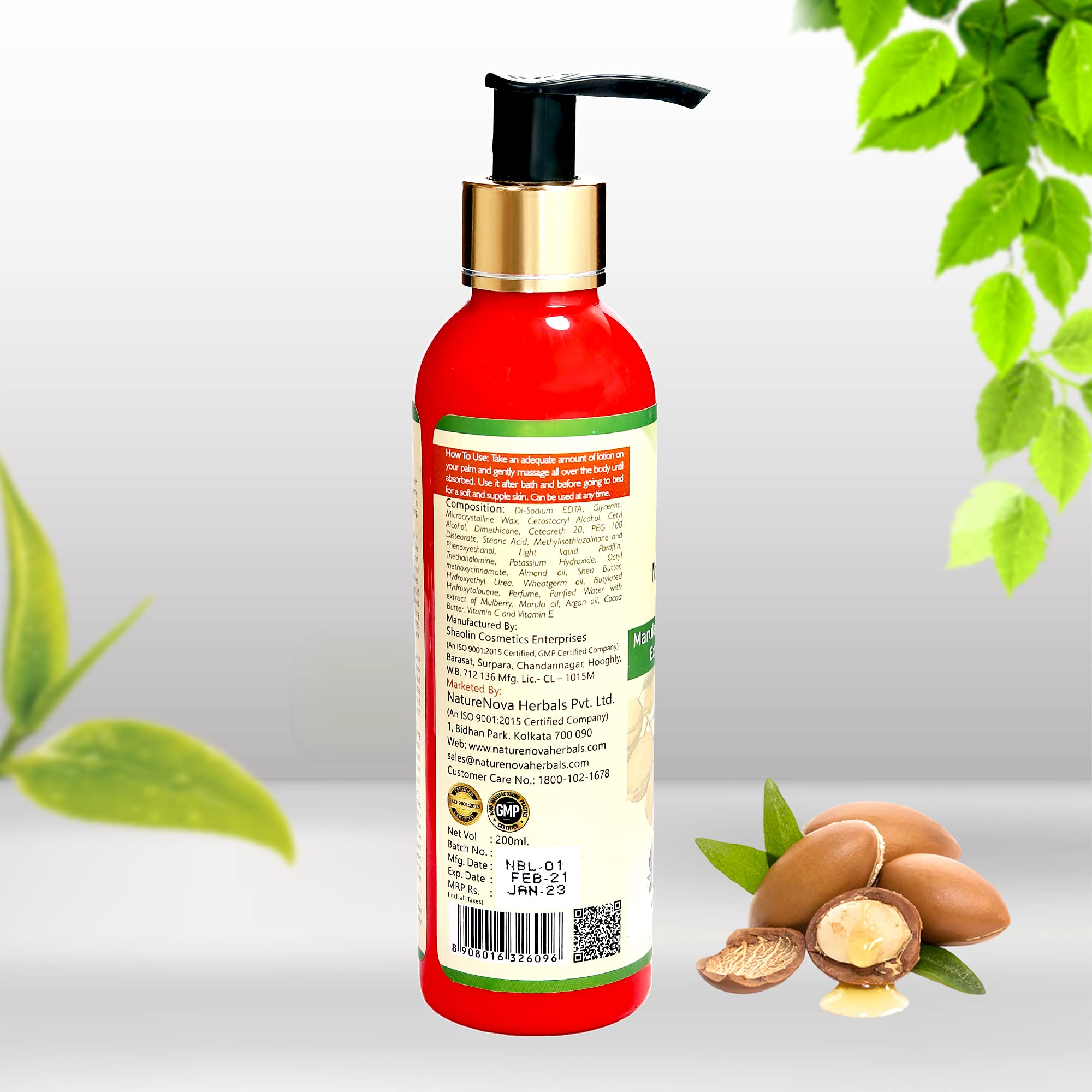 NATURENOVA HERBALS Glow & Shine Deep Nourishing Body Lotion with SPF & Marula Oil | Enriched with Argan Oil, Mulberry, Cocoa Butter, Vitamin C & E | UV-B Protection, Anti-Aging, Stretch Mark Prevention | Hydrates & Softens Skin for Youthful Glow | Paraben-Free 200ml | Perfect for Daily Moisturizing, Sun Protection & Anti-Aging Skincare Routine